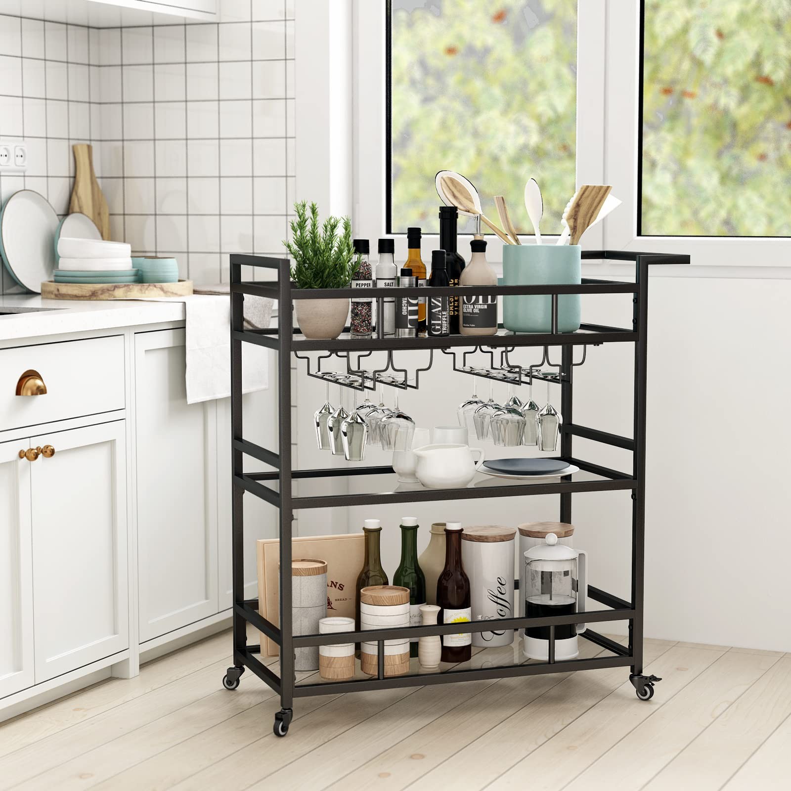 Black Metal Bar Carts With 3 Tier Glass Shelves Rolling Serving Bar Cart With Wi