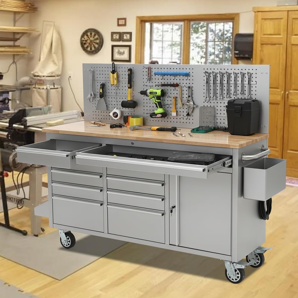 61-inch Rolling Workbench 10 Drawers Garage Workbench Storage Tool Cabinet
