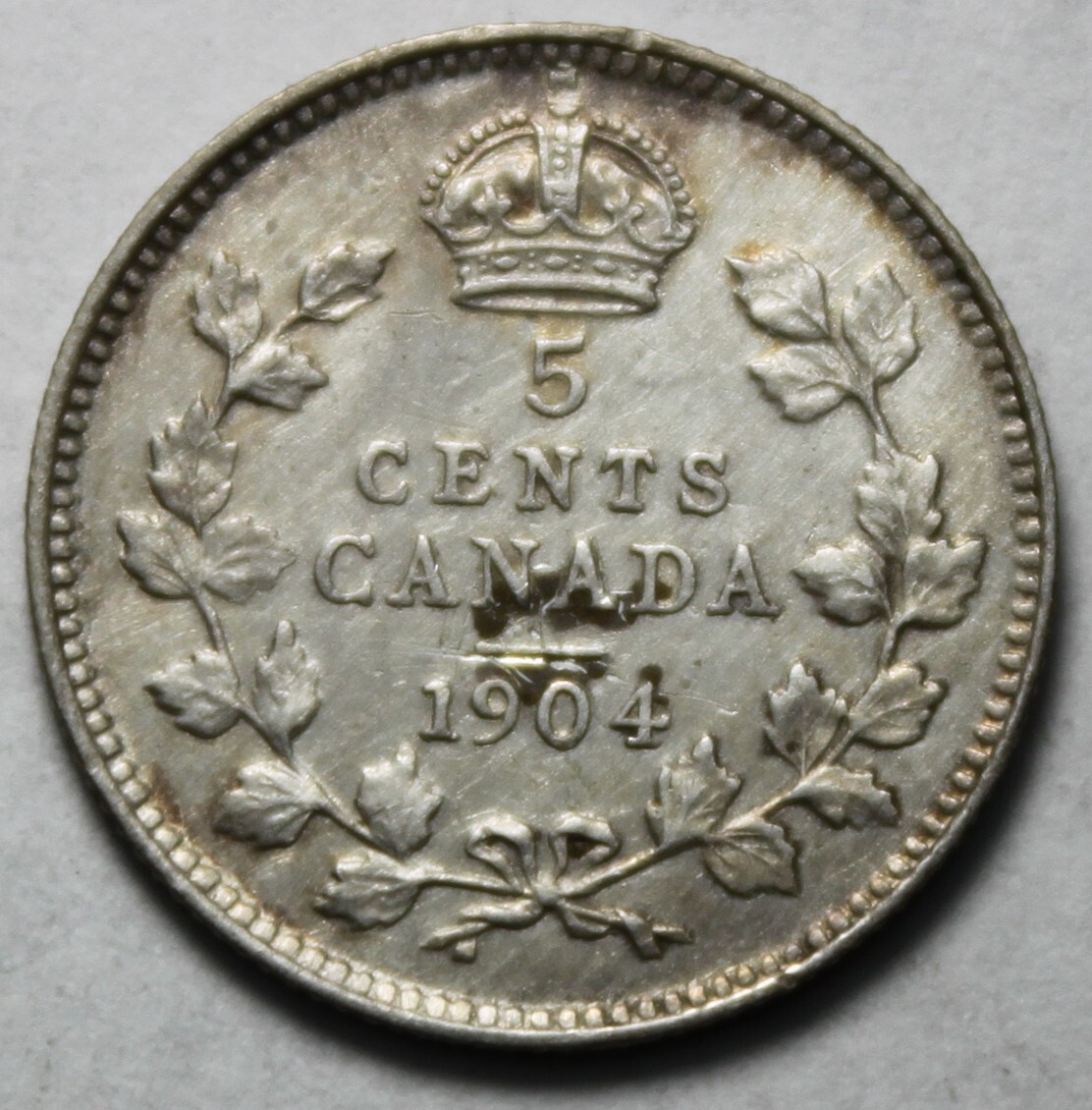Canada 1904 Silver 5 Cents, Uncirculated But Harshly Cleaned (C282)
