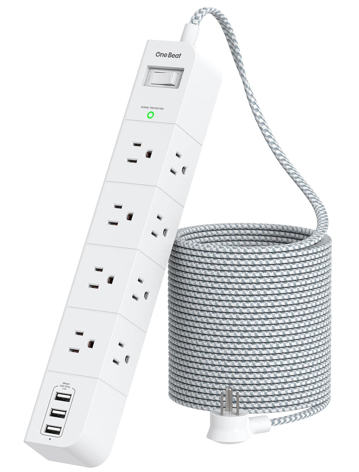 One Beat 15 ft Extension Cord,Power Strip Surge Protector 8 15FT(3A), White