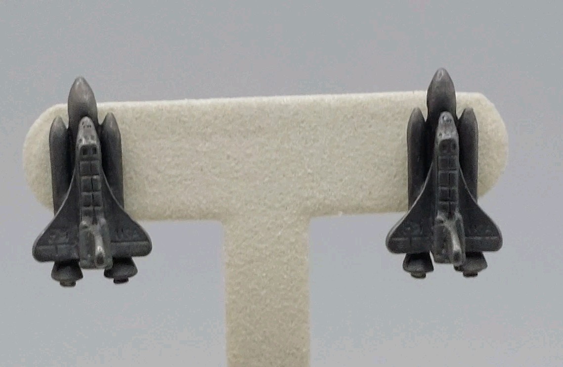 Vintage Pewter Space Shuttle Stud Earrings NASA Aerospace Retro 80s Collectible