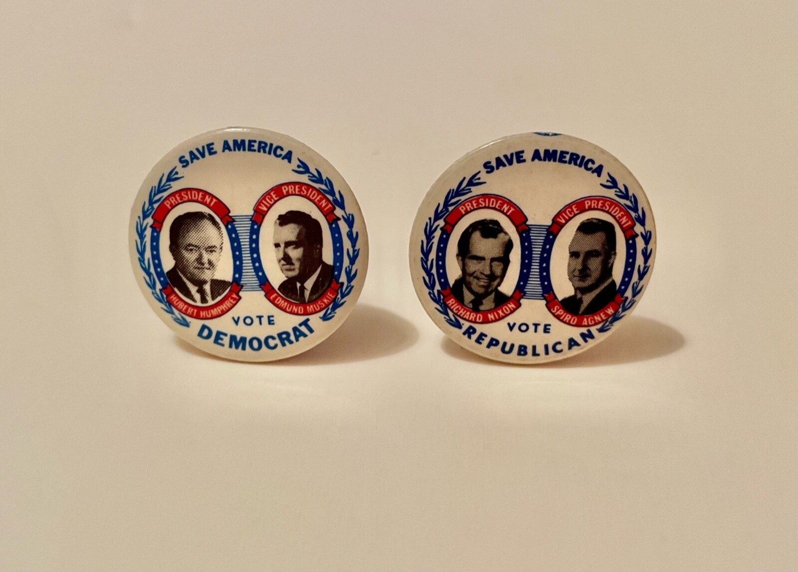 5 Sets of 1968 Nixon/Agnew & Humphrey/Muskie celluloid jugate political pins MT
