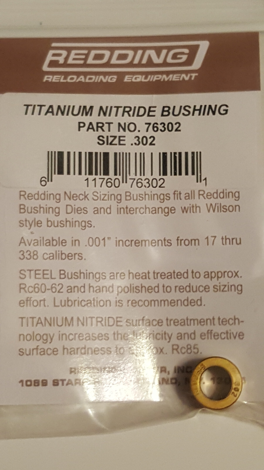 76302 REDDING TITANIUM NITRIDE .302 NECK SIZE BUSHING - BRAND NEW - FREE SHIP