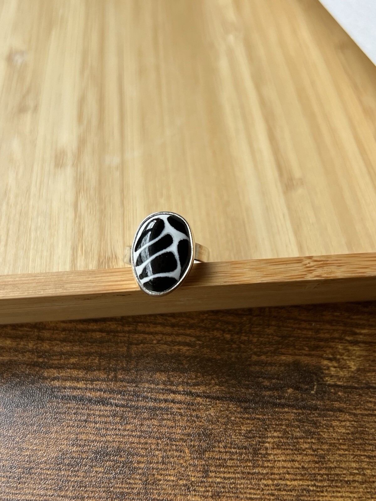 Black & White Talavera Ring 925 Sterling Silver Adjustable Artisan
