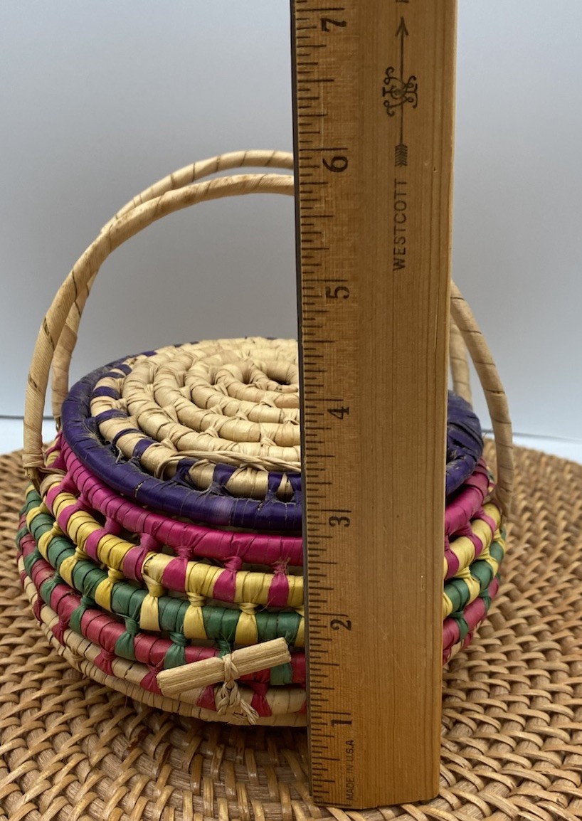 Hand Made Round Lidded Basket With Handles Locking Multi Color