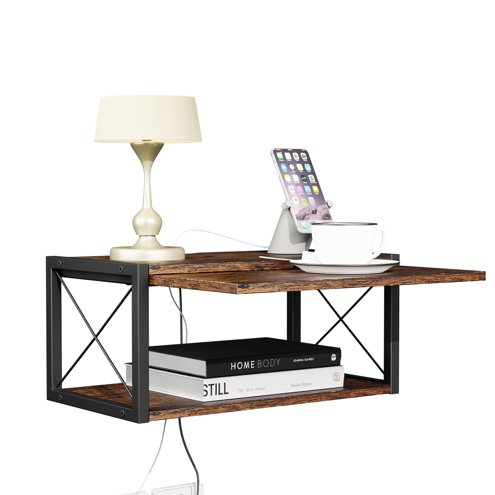 2-Tier Floating Nightstand, Wall Mounted Bedside Table, Wood Bedside Shelf Wa...