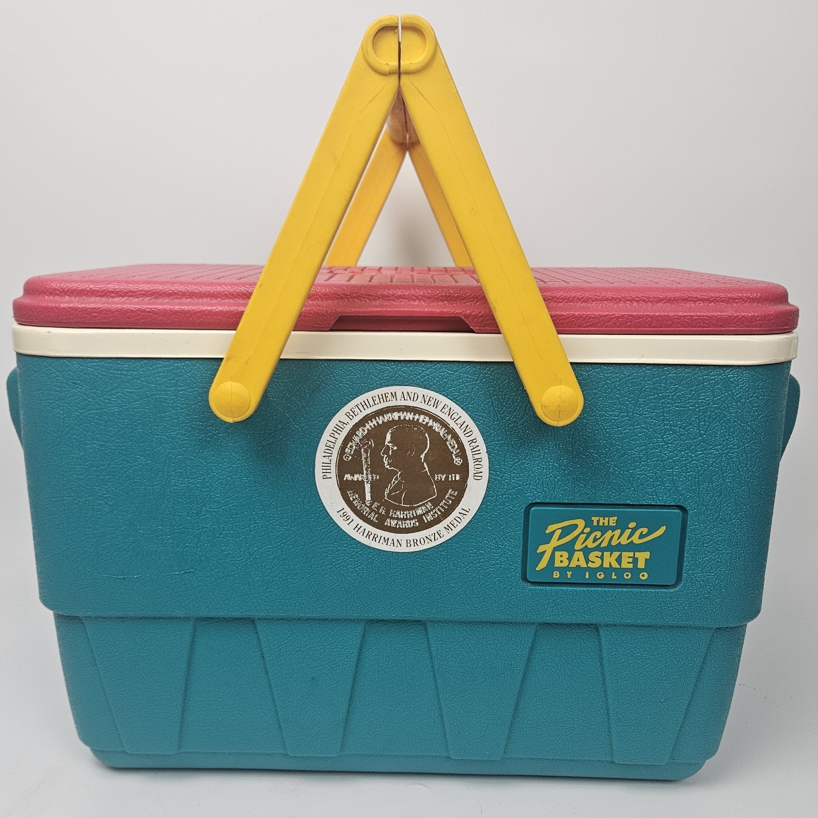 Igloo Teal Vintage 90s The Picnic Basket Cooler Pink Lid Yellow Handles READ
