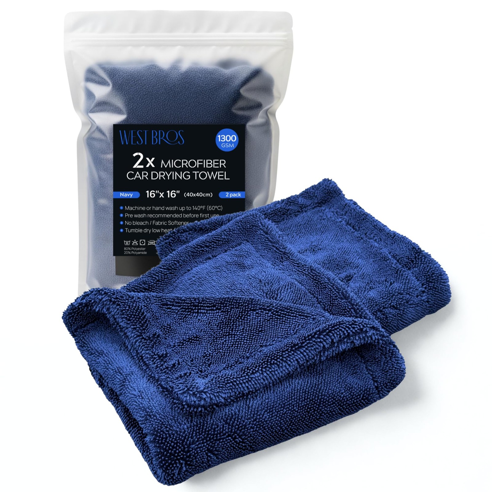 2X Medium Car Drying Towel, 1300 GSM Professional Car Towel with Double Twist...