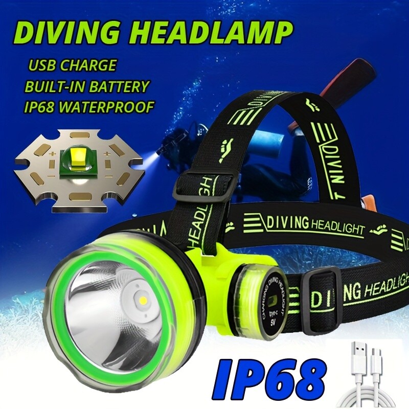 IP68 LED Diving Headlamp USB Outdoor Head Mounted Flashlight Suitable for Diving