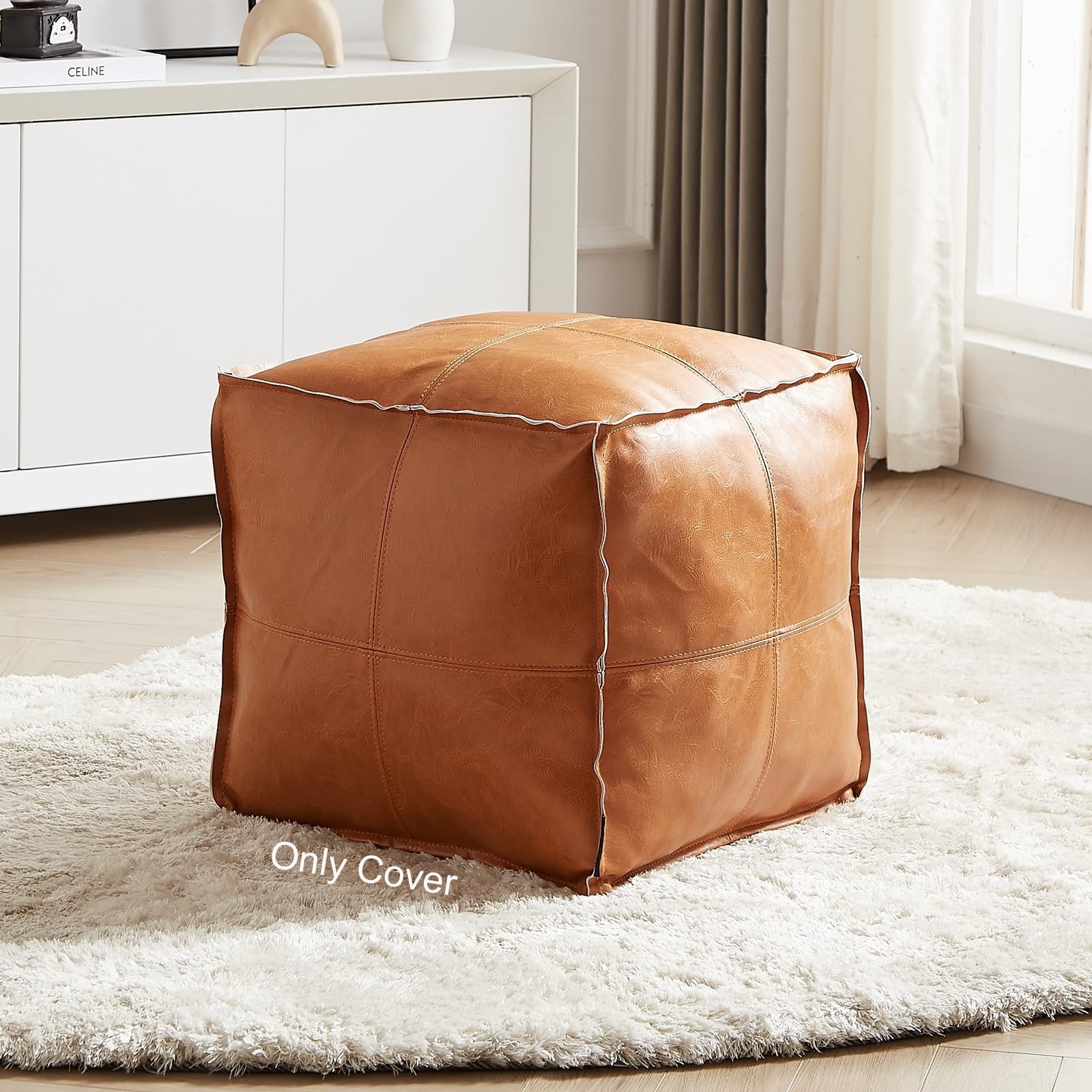 Pouf Ottoman, Unstuffed Pouf Cover, Handmade Faux PU Leather Moroccan, Orange...