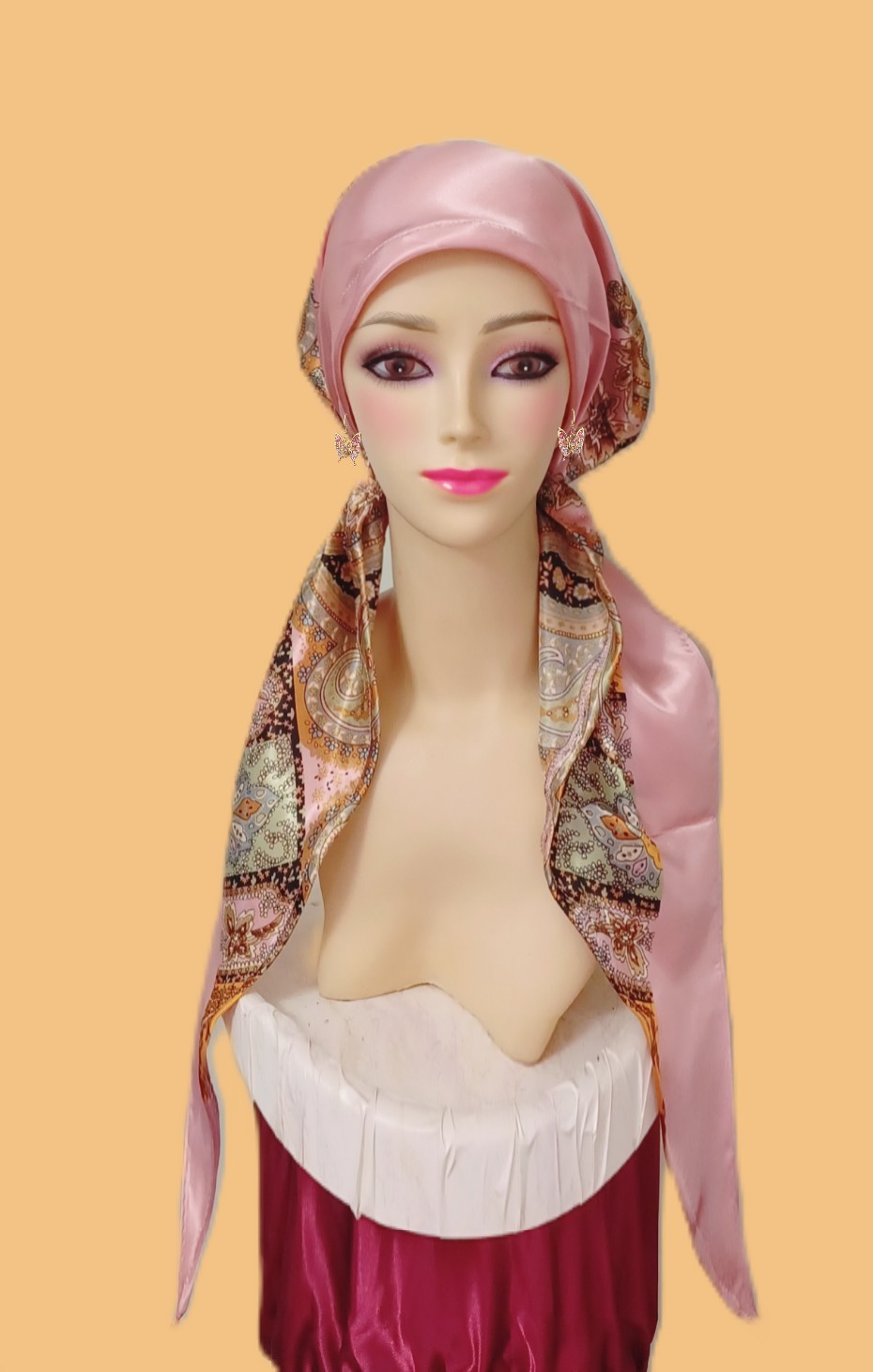PRE-TIED Silky SCARF.Snood Tichel Head Covering Muslim. & Multicolor/ Pink