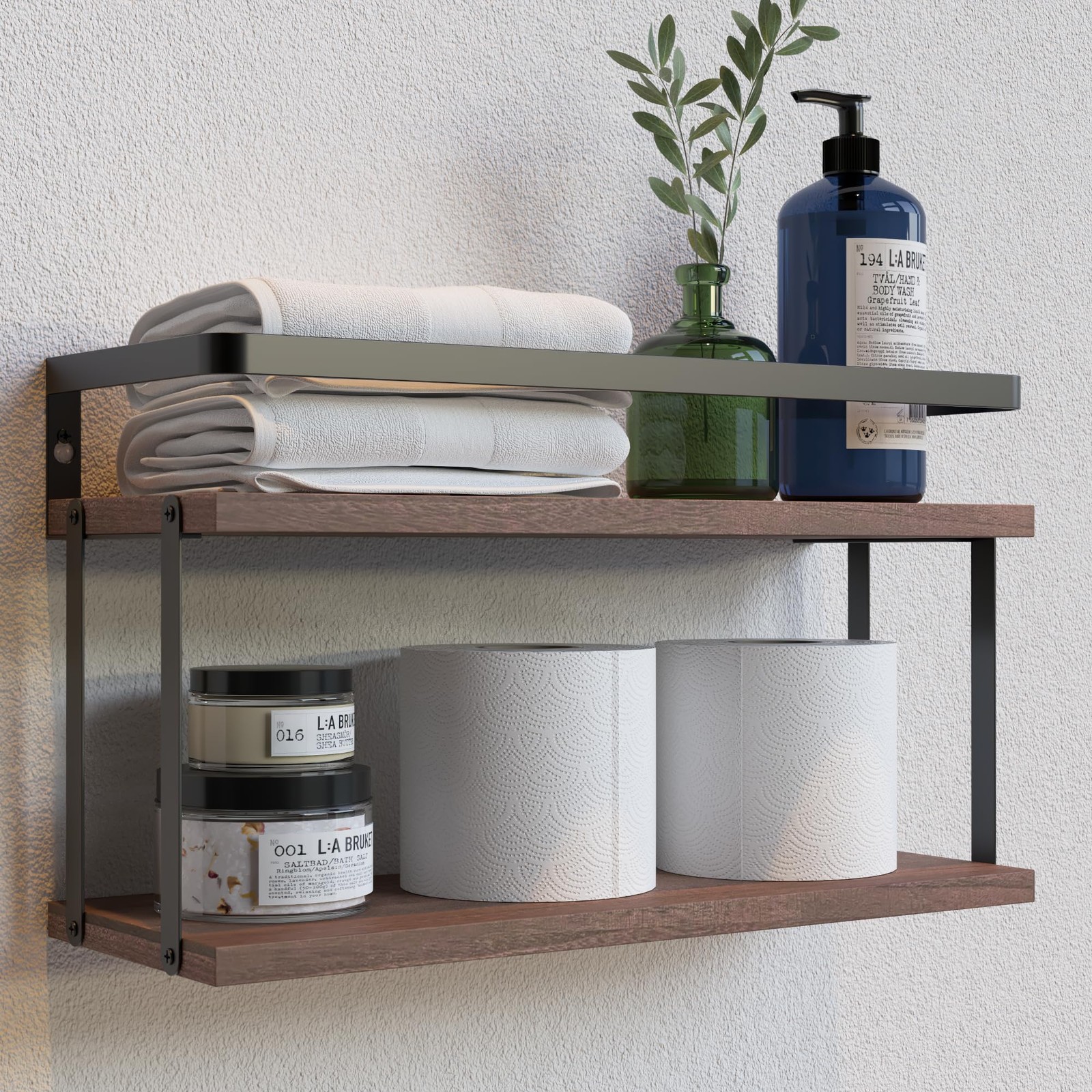 Dual-Level Guardrail Bathroom Shelves, Wood Floating Shelf Wall Mounted, Over...