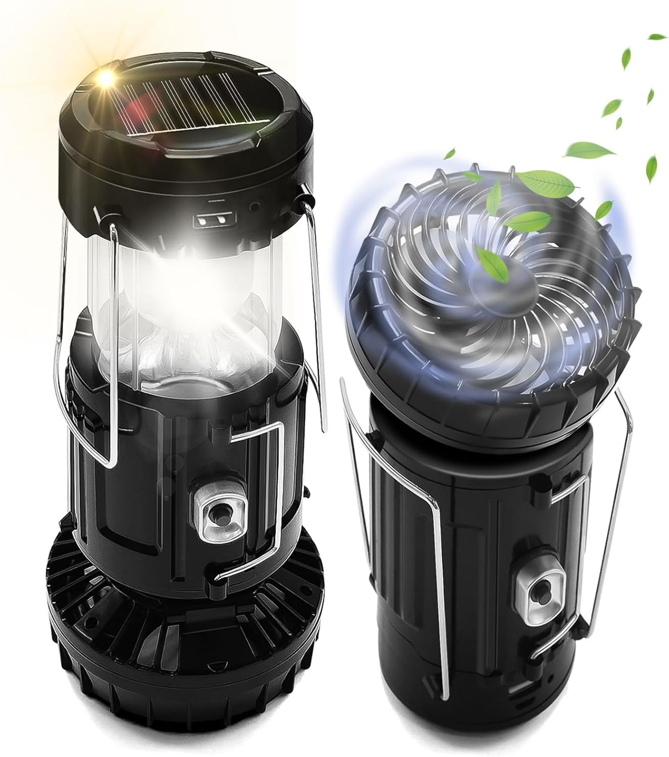 2-Pack Solar Camping Fan W/ Lantern,  Collapsible Solar Powered USB Rechargeable