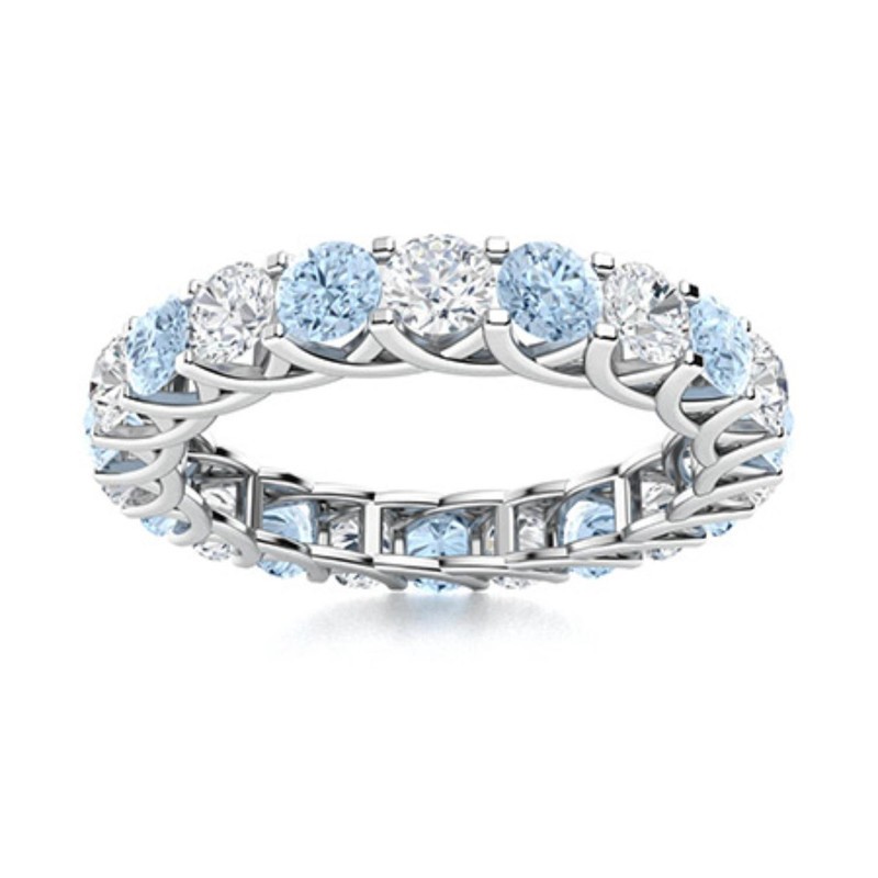 925 Sterling Silver 2MM Round Shape Aquamarine Half Eternity Band Ring For Women