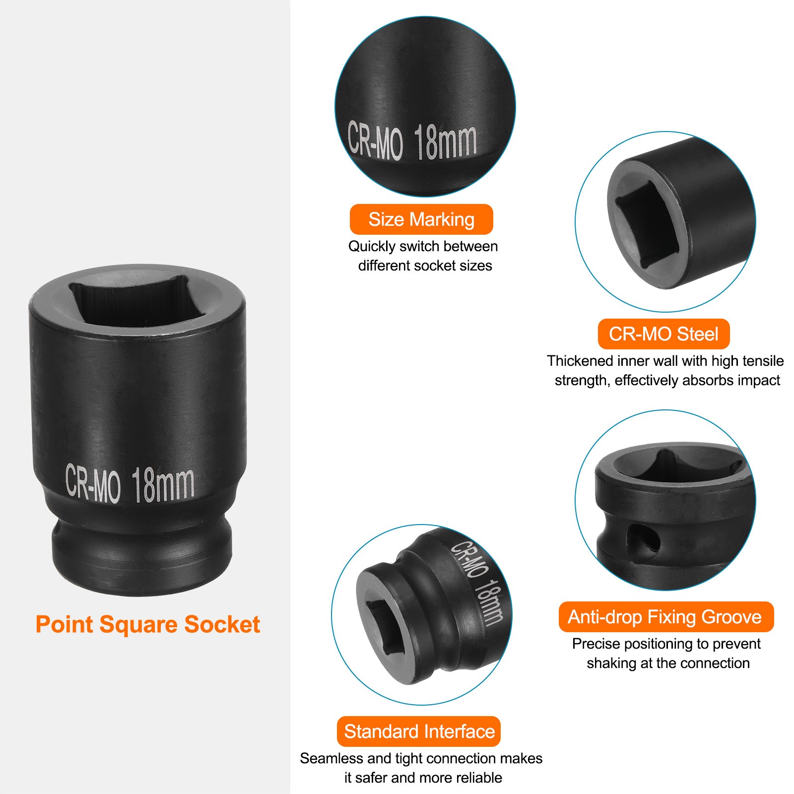 4 Point Square Socket 1/2" Drive 18mm Metric Square Impact Socket CR-MO