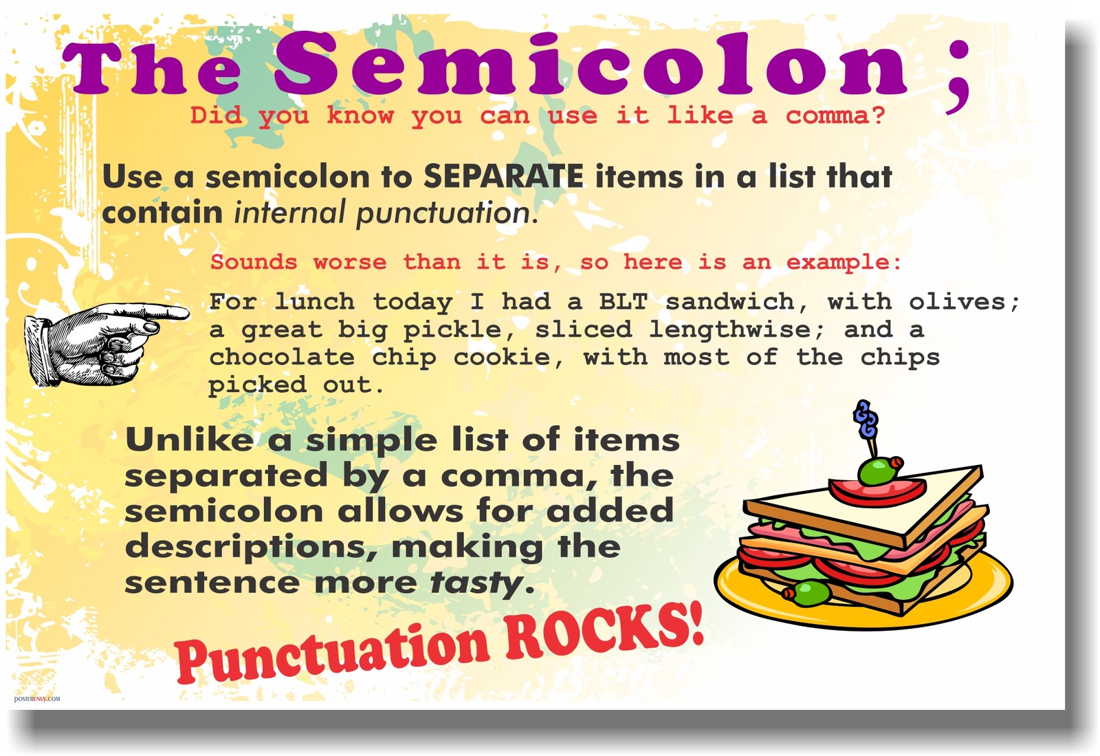 NEW LANGUAGE ARTS POSTER - The Semicolon - Punctuation Rocks! Educational School