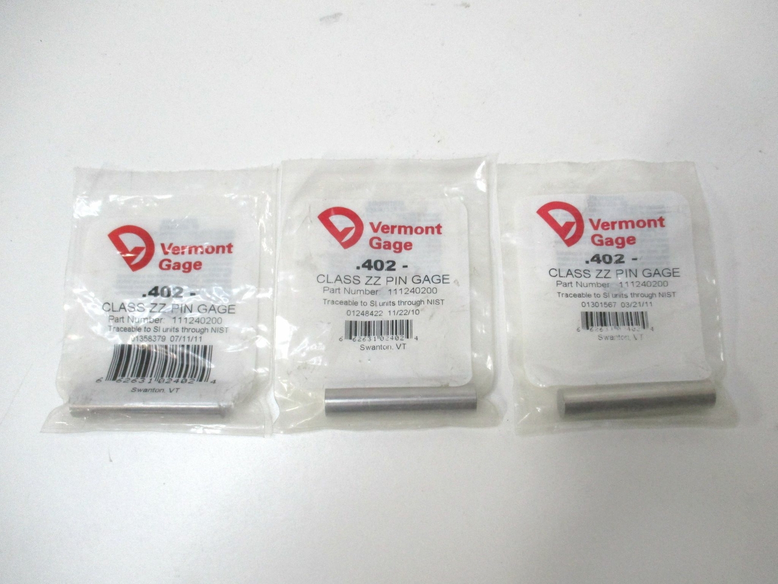 Vermont Gage (111240200) 0.402" Tolerance Class ZZ Steel No-Go Pin Gage - Qty 3