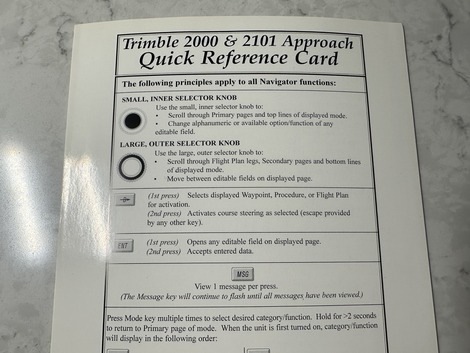 Trimble 2000 & 2101 Approach Quick Reference Card