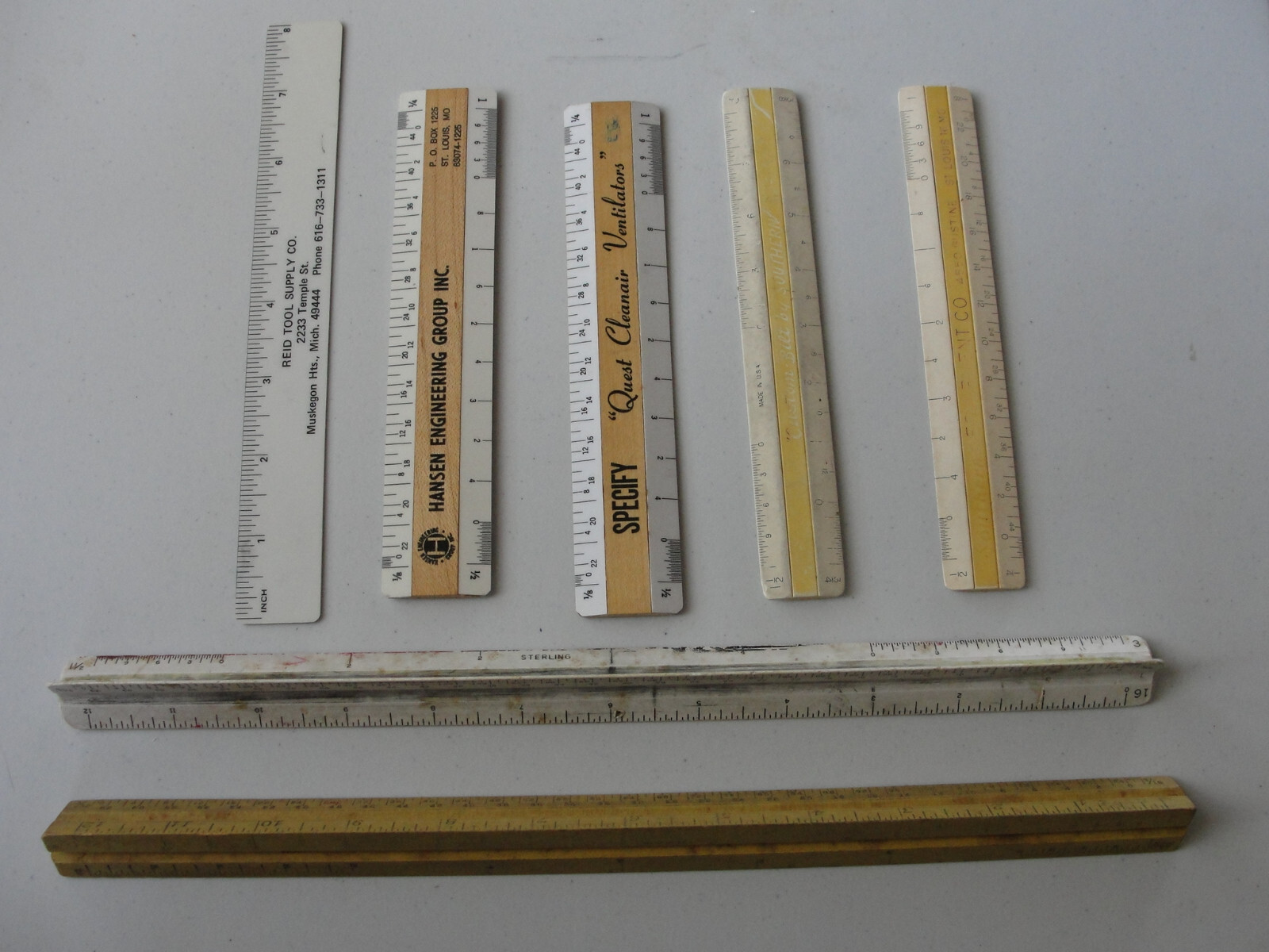 8  Vintage  Various Drafting or Advertising Rulers - 2 Triangle, 5 -6",  1-8"