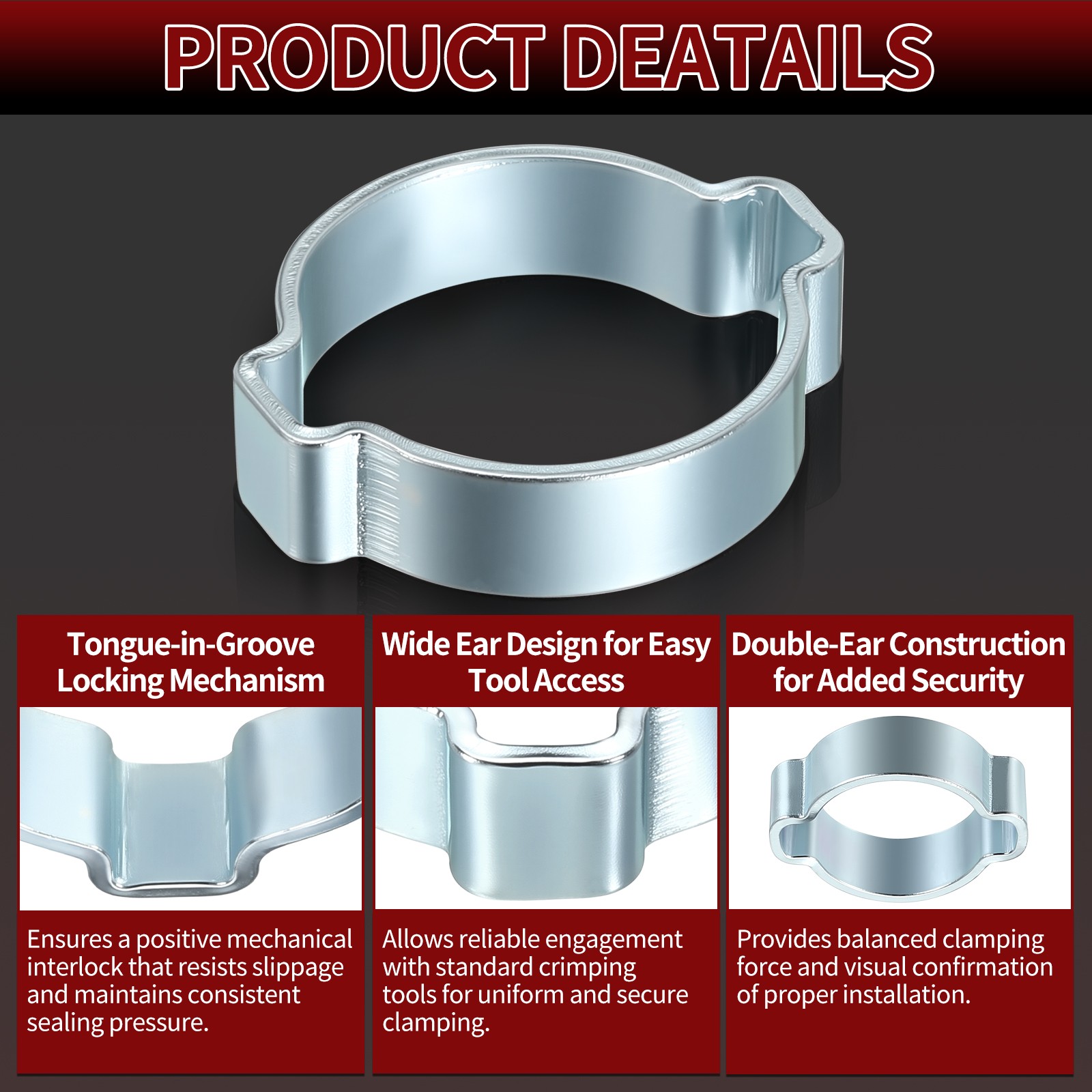 5 Pack Galvanizing Plate Double Ear Hose Clamps, Working Range 21-25mm