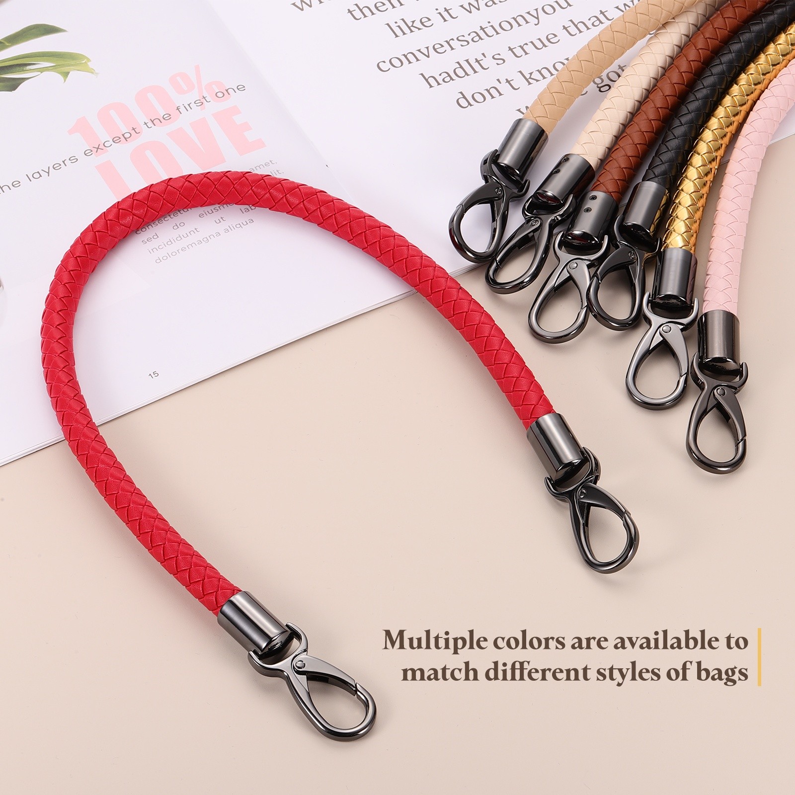 2Pcs 55cm 21.7" Braided Purse Strap PU Leather Light Brown (Black Buckle)