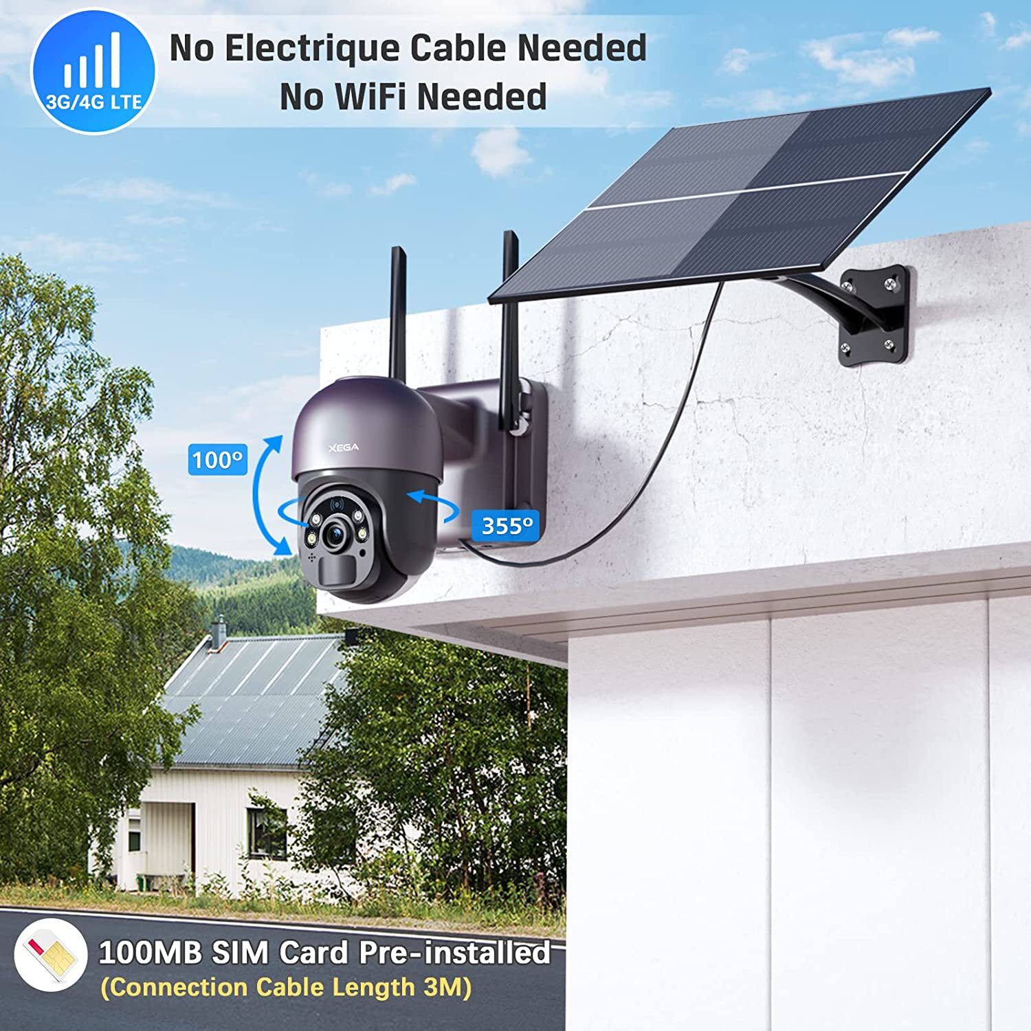 Xega 4G LTE Cellular Security Camera - 20W Solar Panel 20000mAh Built-in Battery