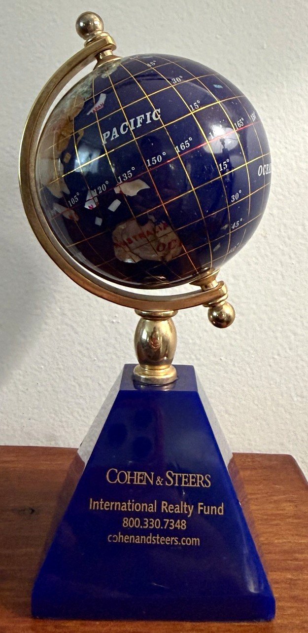 Cohen & Steers Award Rotating World Globe Blue Stone w Gold Tone Metal Stand 7in