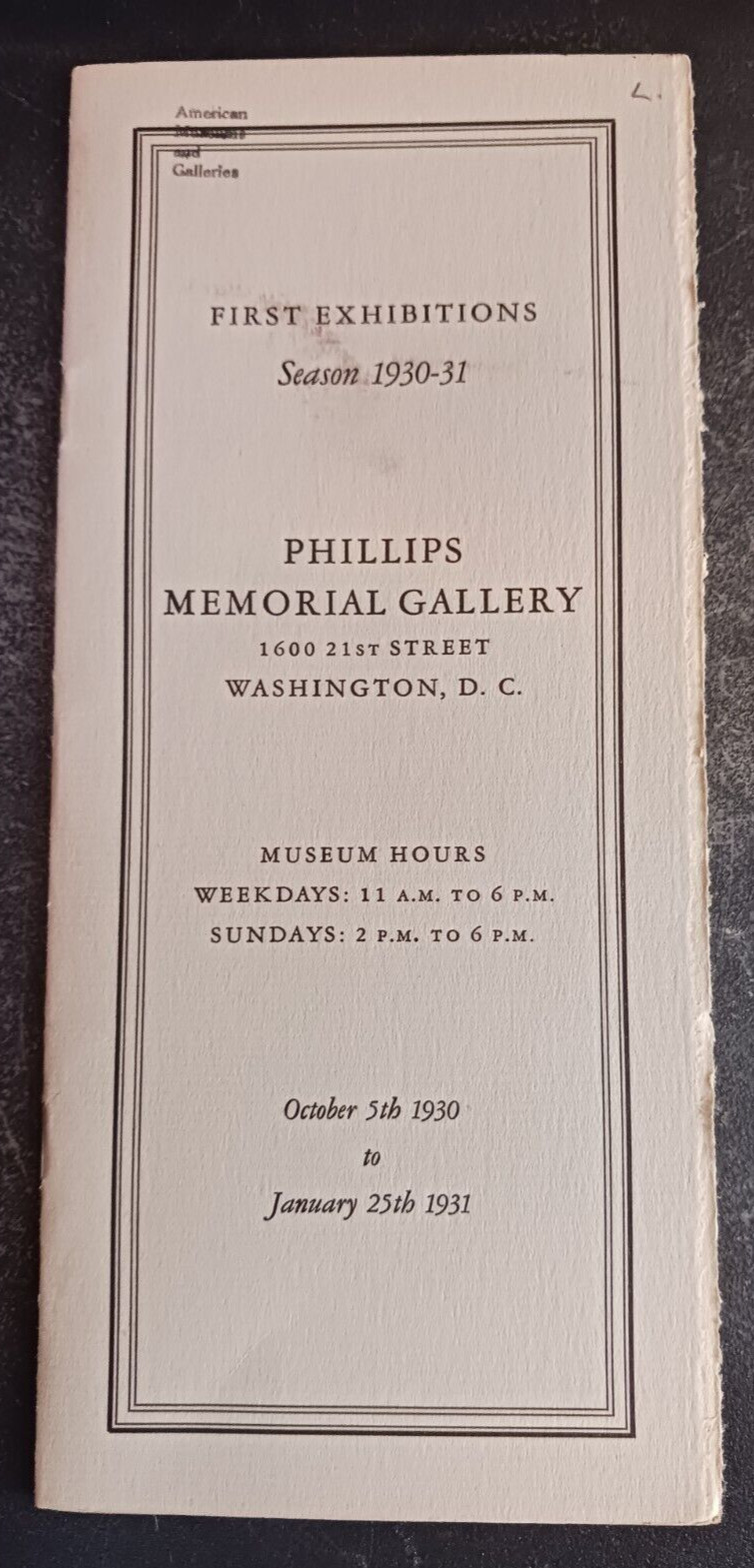 First Exhibitions Season 1930-31 Phillips Gallery art catalog Washington DC