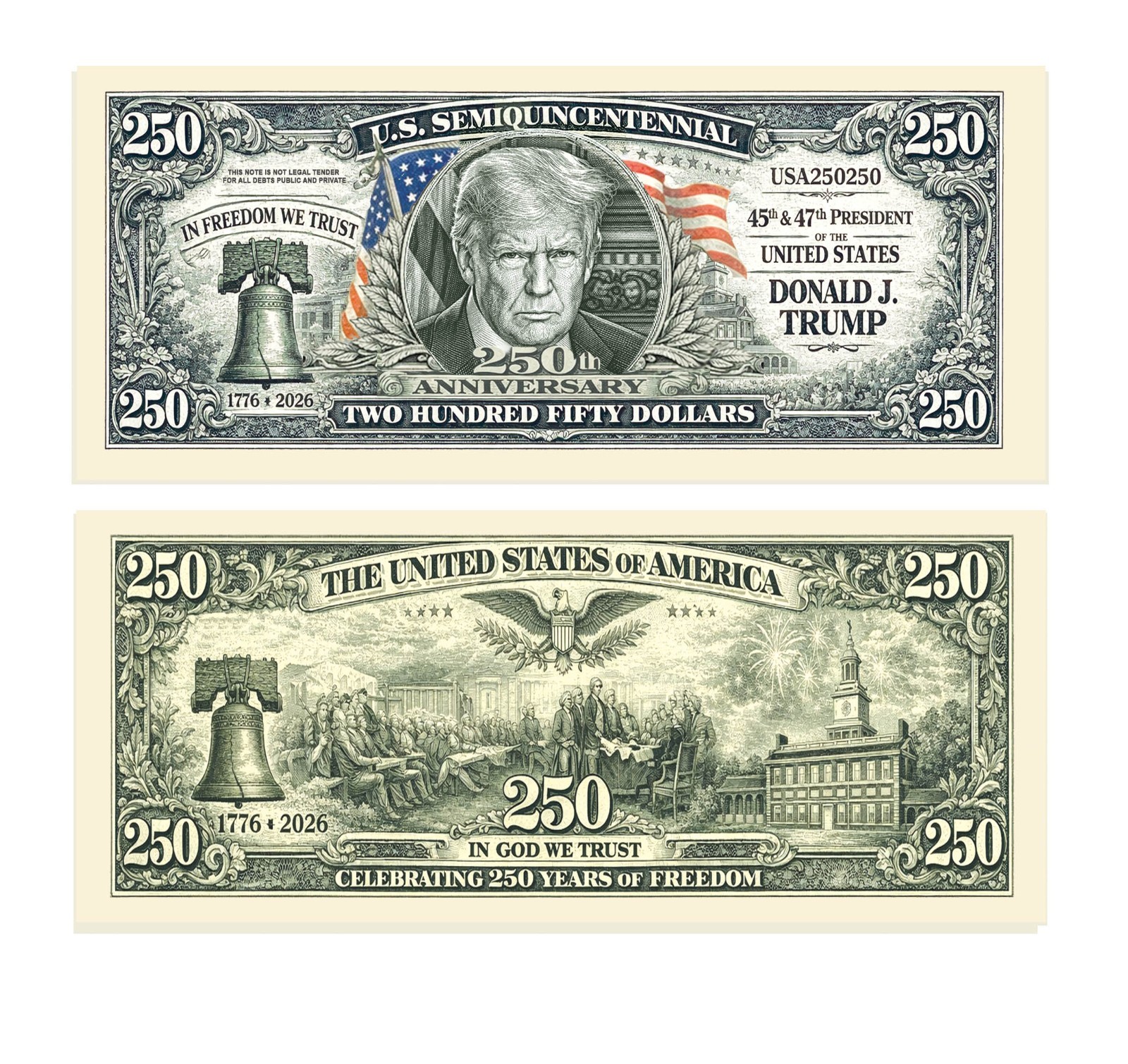 100 Pack Donald Trump 250th Anniversary Dollar Bill USA Freedom Note - FREE GIFT