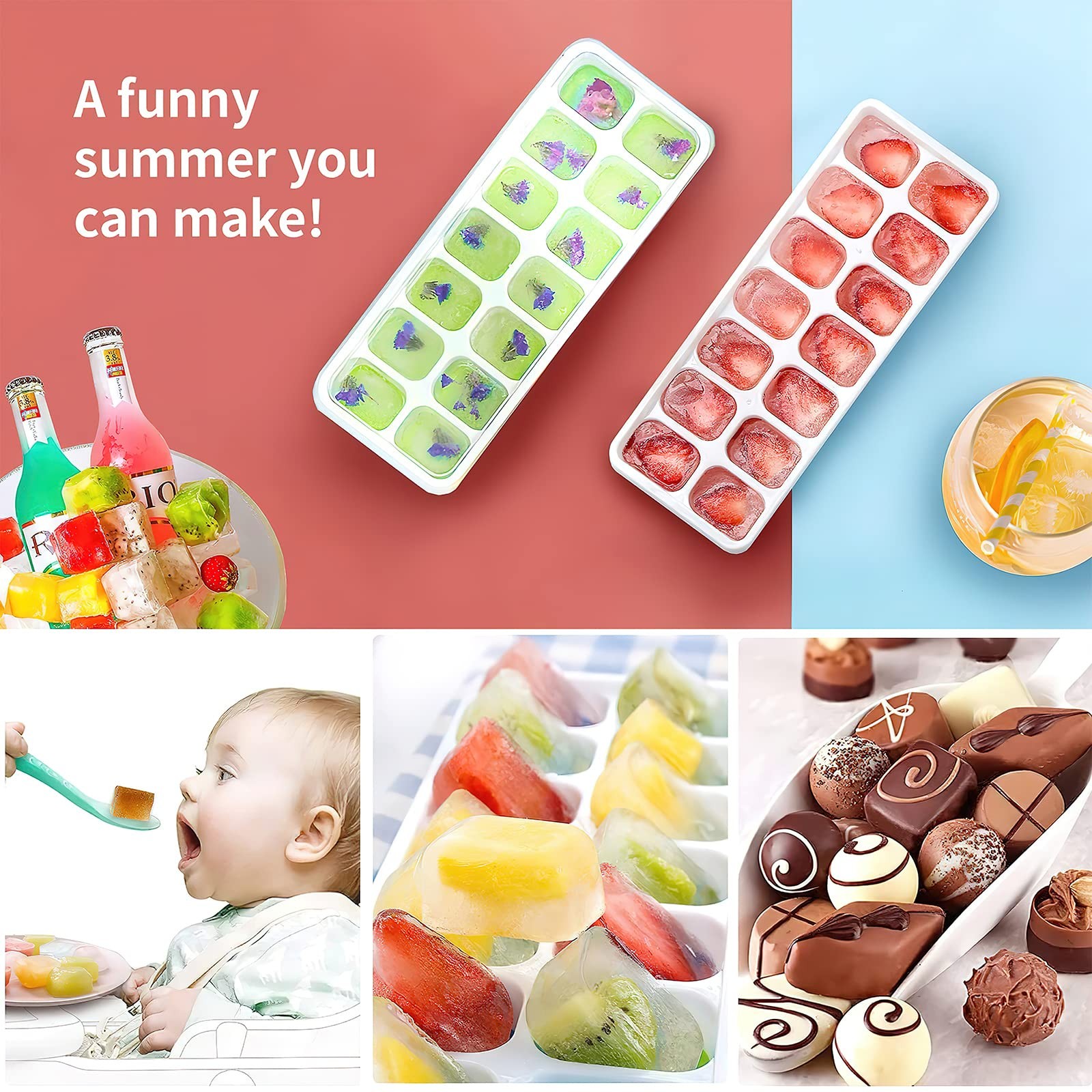4 Pack Silicone Ice Cube Trays with Removable Lid Easy-Release Flexible 14-cube