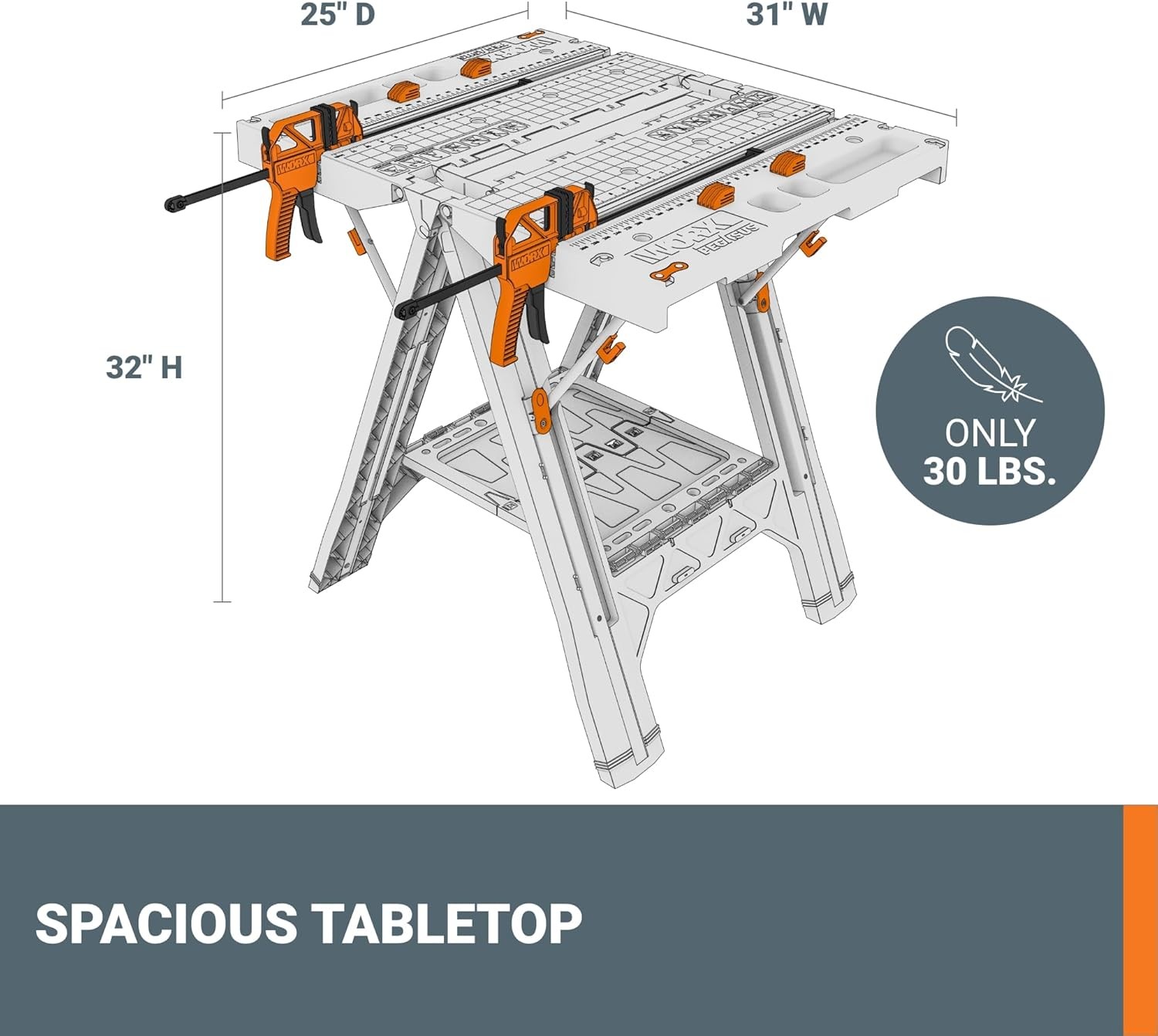 Worx Pegasus 2-in-1 Folding Work Table & Sawhorse, Easy Setup Portable Workbench