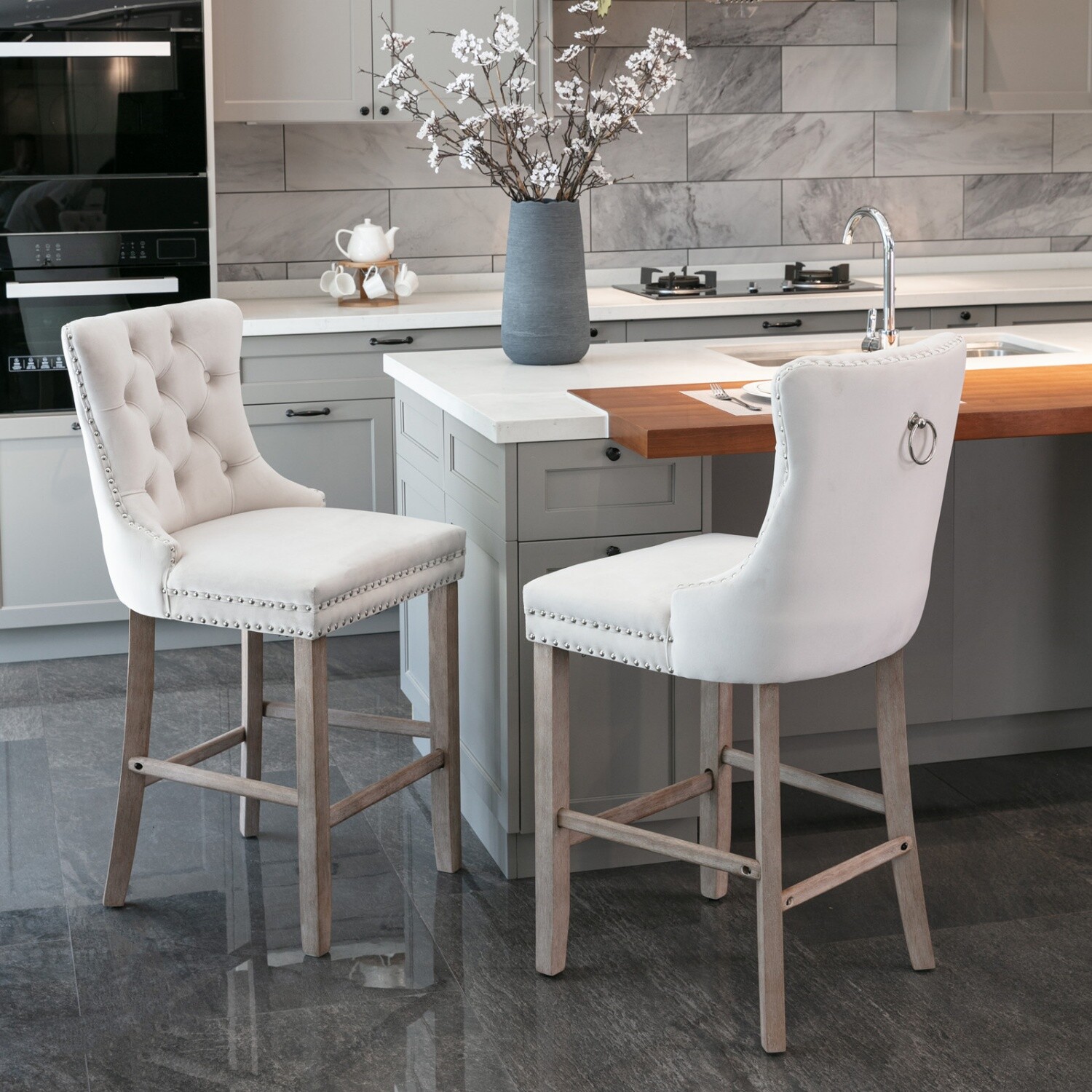Set of 2 Bar Stools Upholstered Bar Chair Counter Height Dining Chair Beige/Gray
