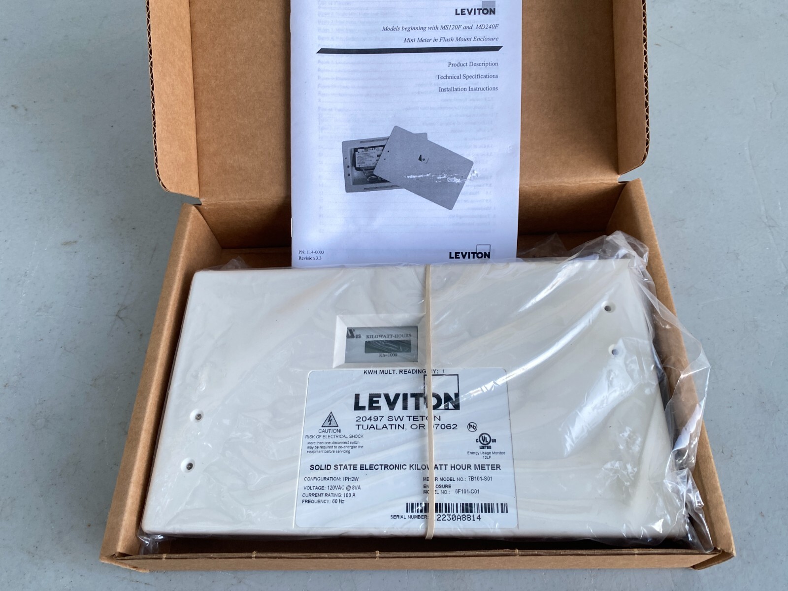 Leviton 6F101-C01 Single Element Sub-Meter in Flush Mount Enclosure, 1P/2W, 100A