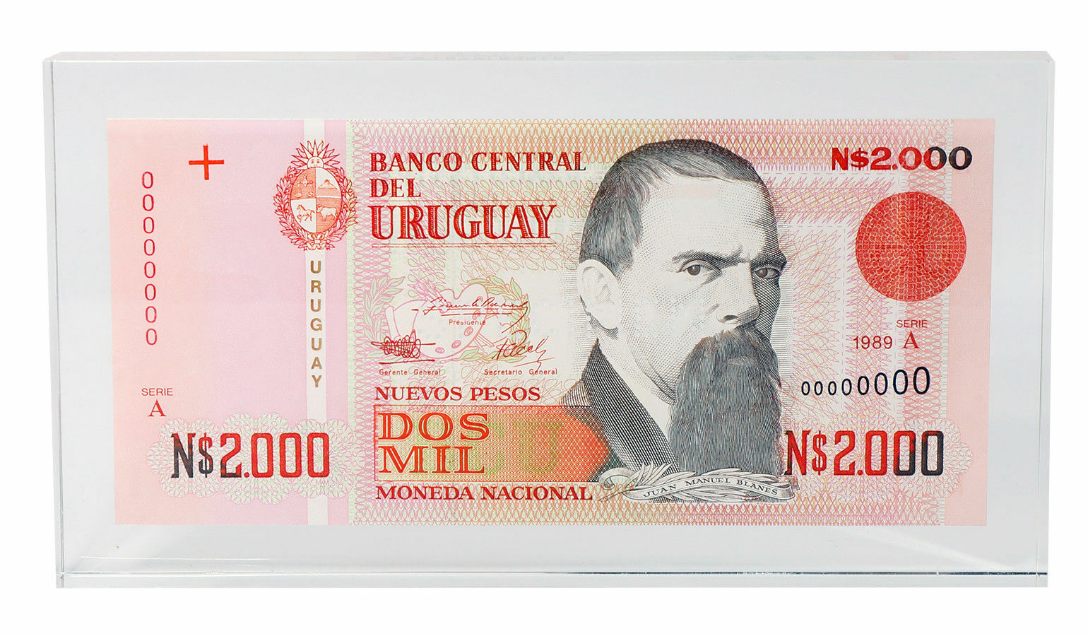 Uruguay 2000 Pesos 1989 P68s UNC - Specimen in Acrylic Block