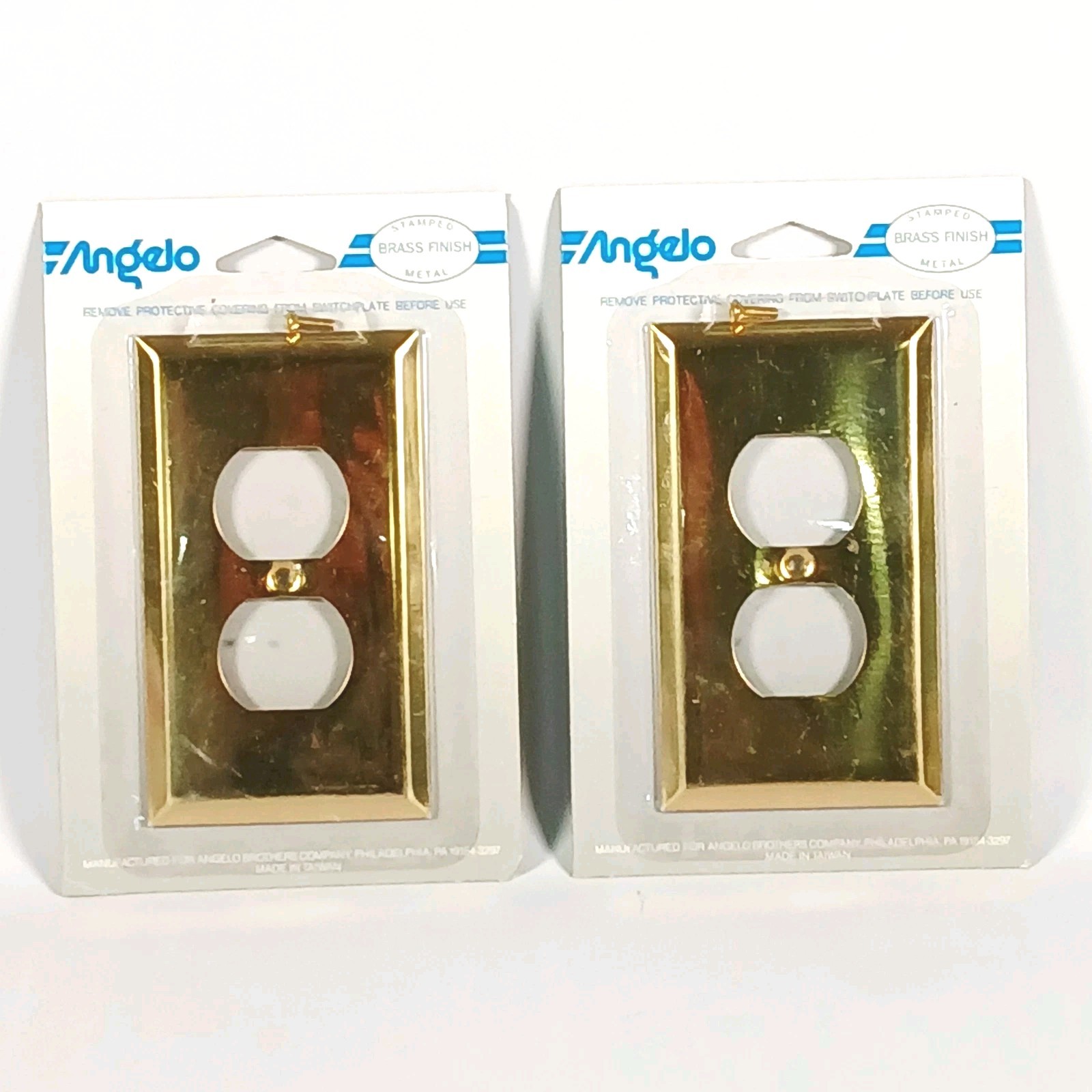 2 vintage Angelo brothers brass finish metal outlet cover plates 1988 gold