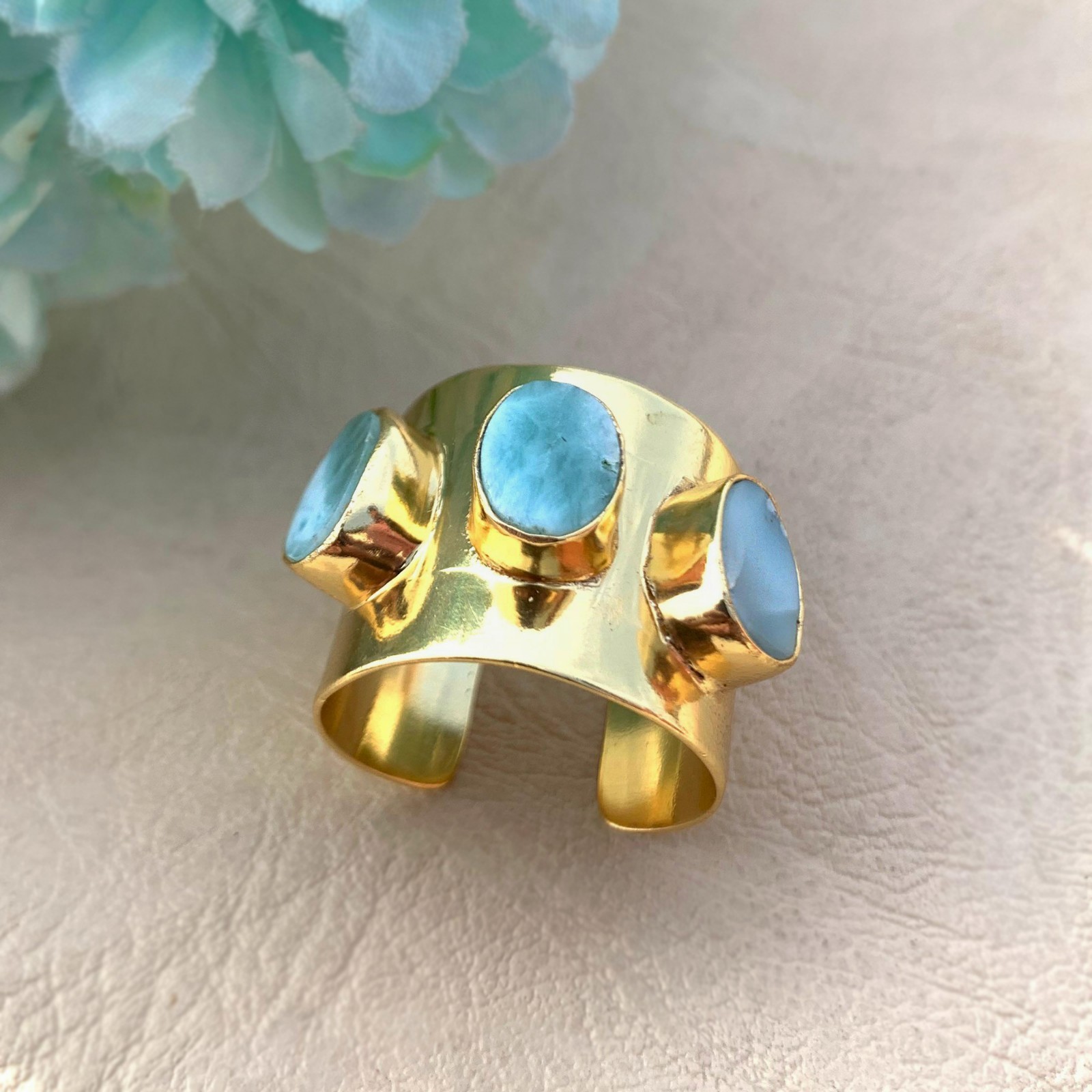 Natural Larimar Ring 18k Gold Plated Brass Three Stone Adjustable Cuff Jewelry
