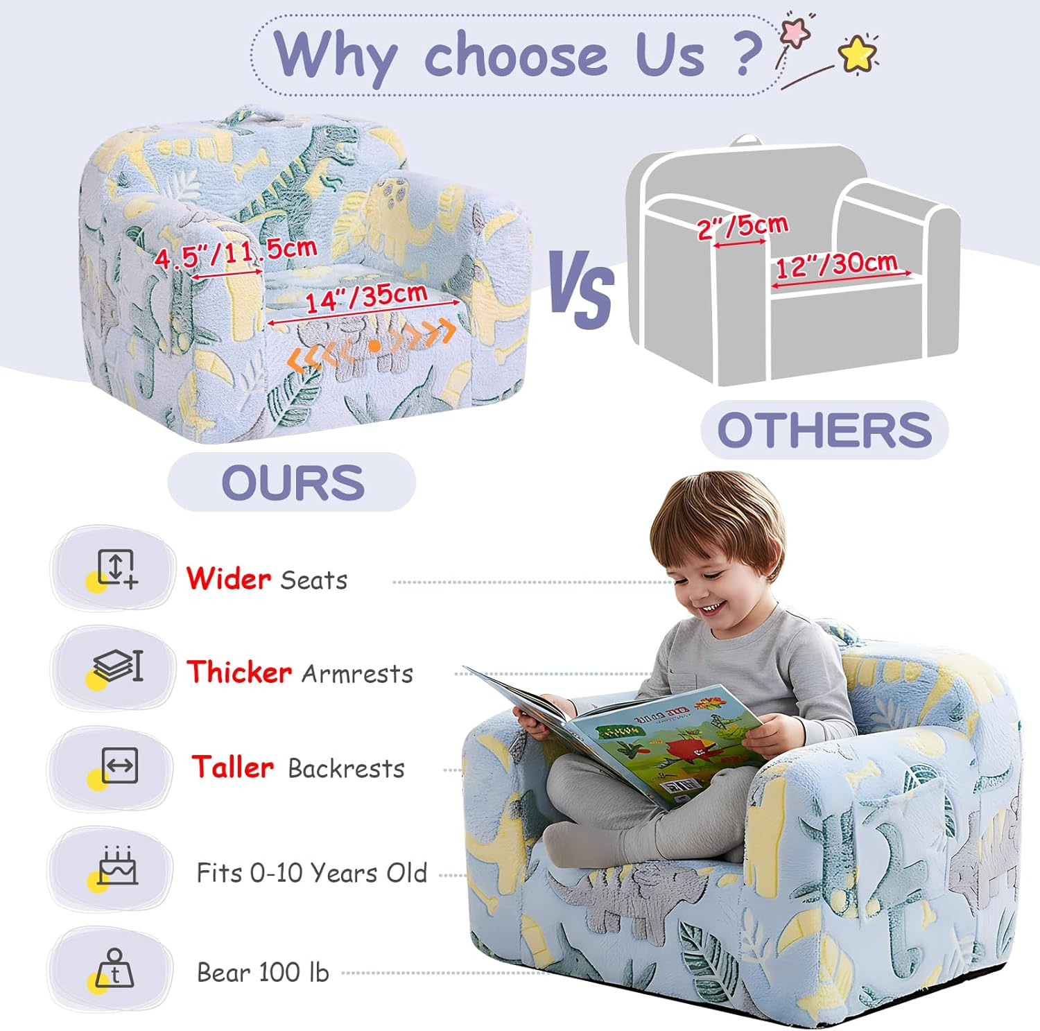 Glow in the Dark Kids Sofa, Portable Toddler Couch with Dinosaur Design
