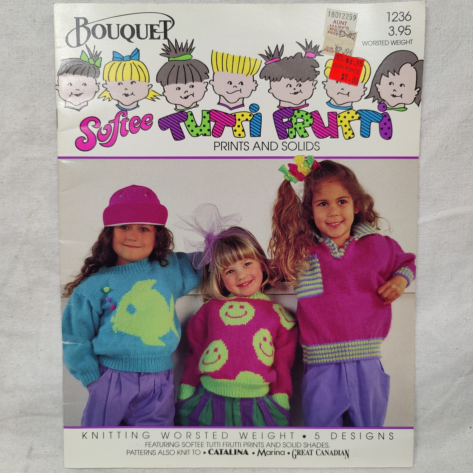 Children's Sweaters 5 Prints & Solids By Bouquet - Worsted Knitting Leaflet 1236
