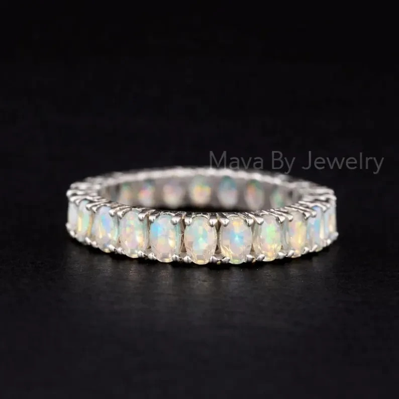Ethiopian Opal Gemstone Eternity Band Ring, 925 Sterling Silver Women Jewelry