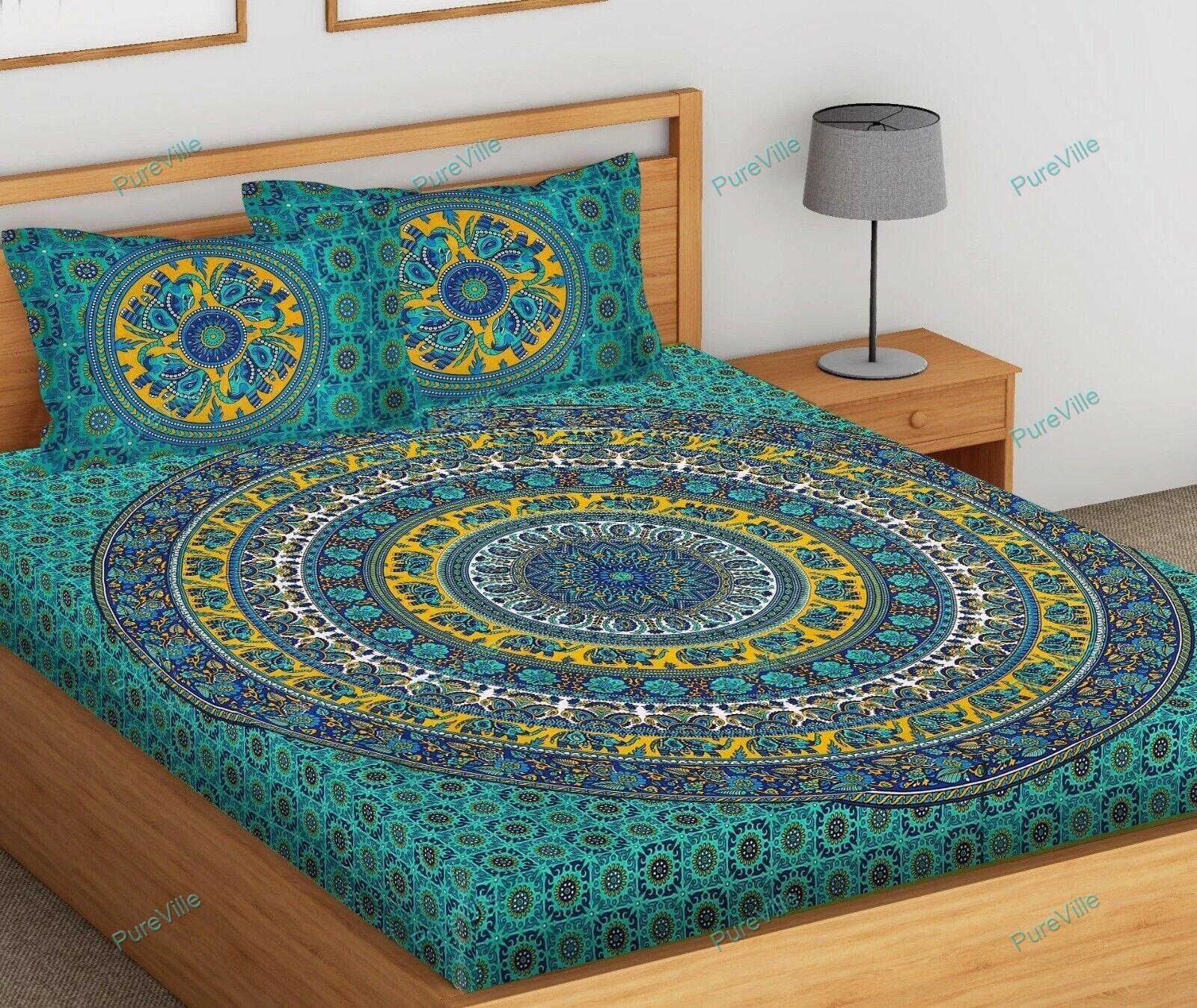 Green Color Elefanten-Mandala Doppelbettlaken Cotton Jaipuri 90x100 in''