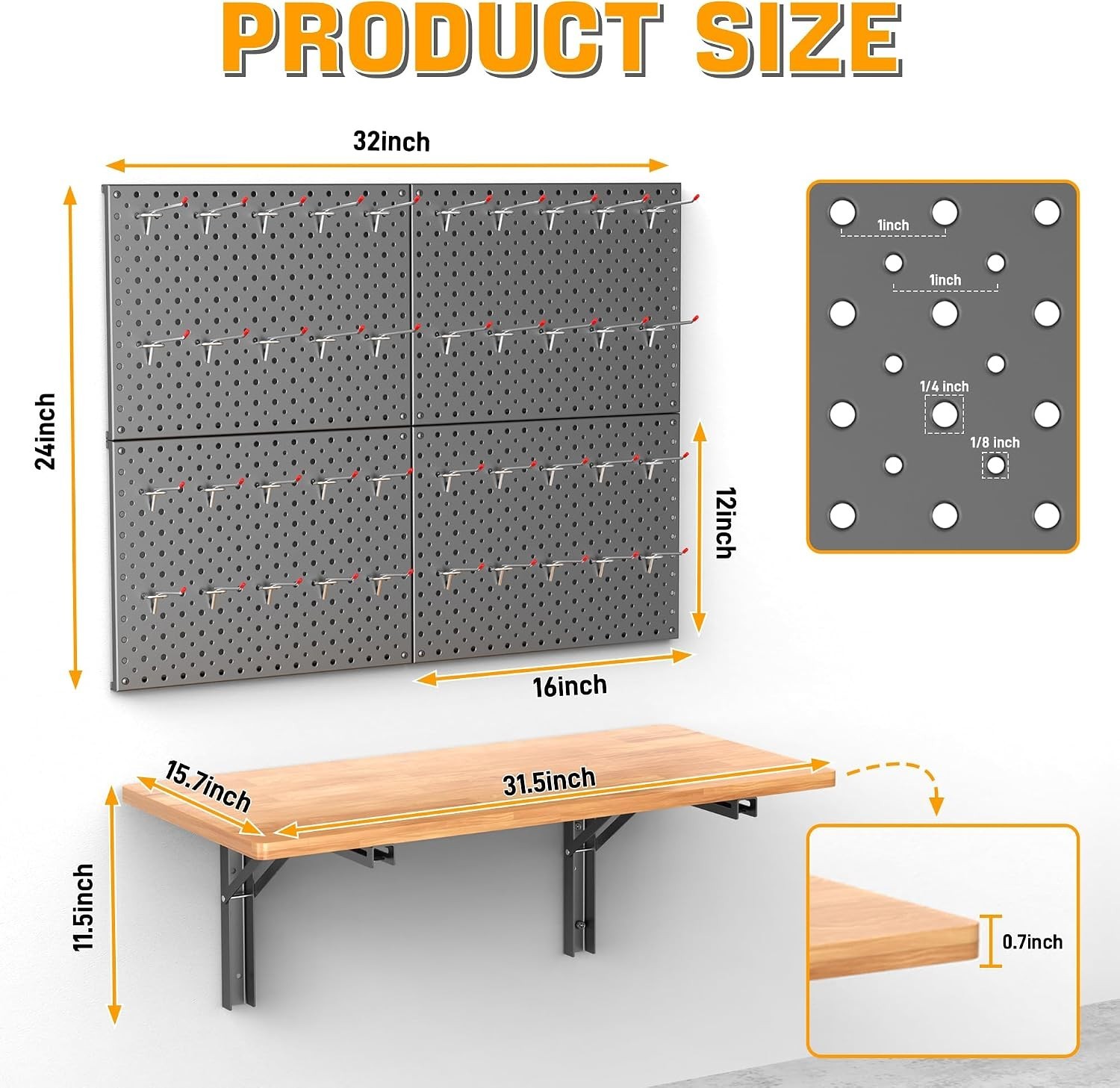 Durable Wall-Mounted Work Table with Pegboard Accessories - 150 lbs Capacity