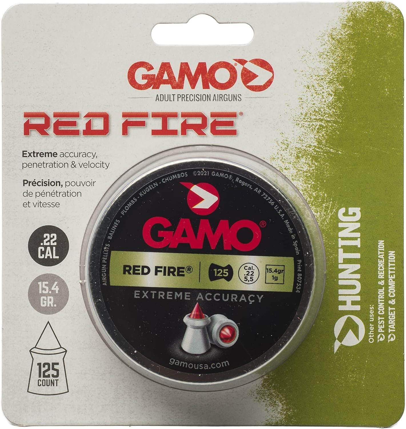 Gamo Red Fire .22 Cal, 15.4 Grains, Polymer Tip, 125ct .22, silver, red