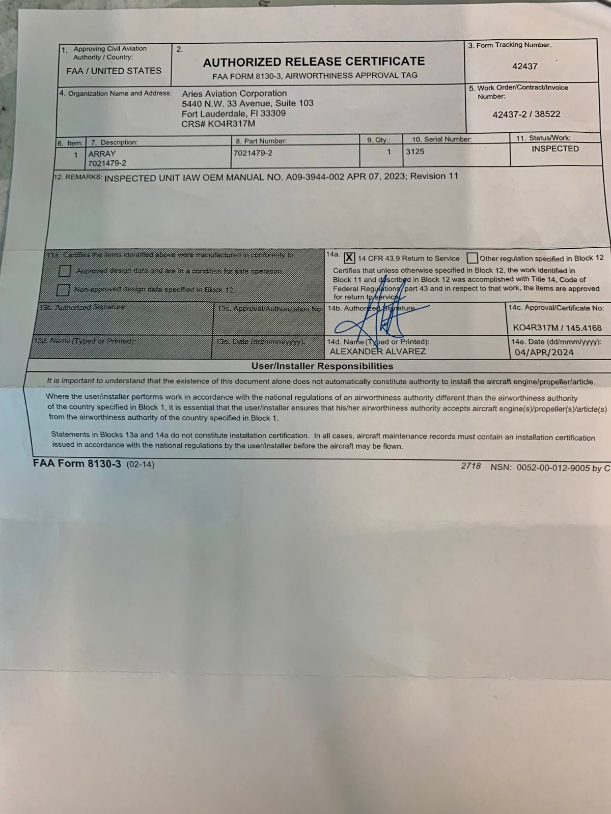 Antenna Array 7021479-2 w/ April 2024 Inspected 8130