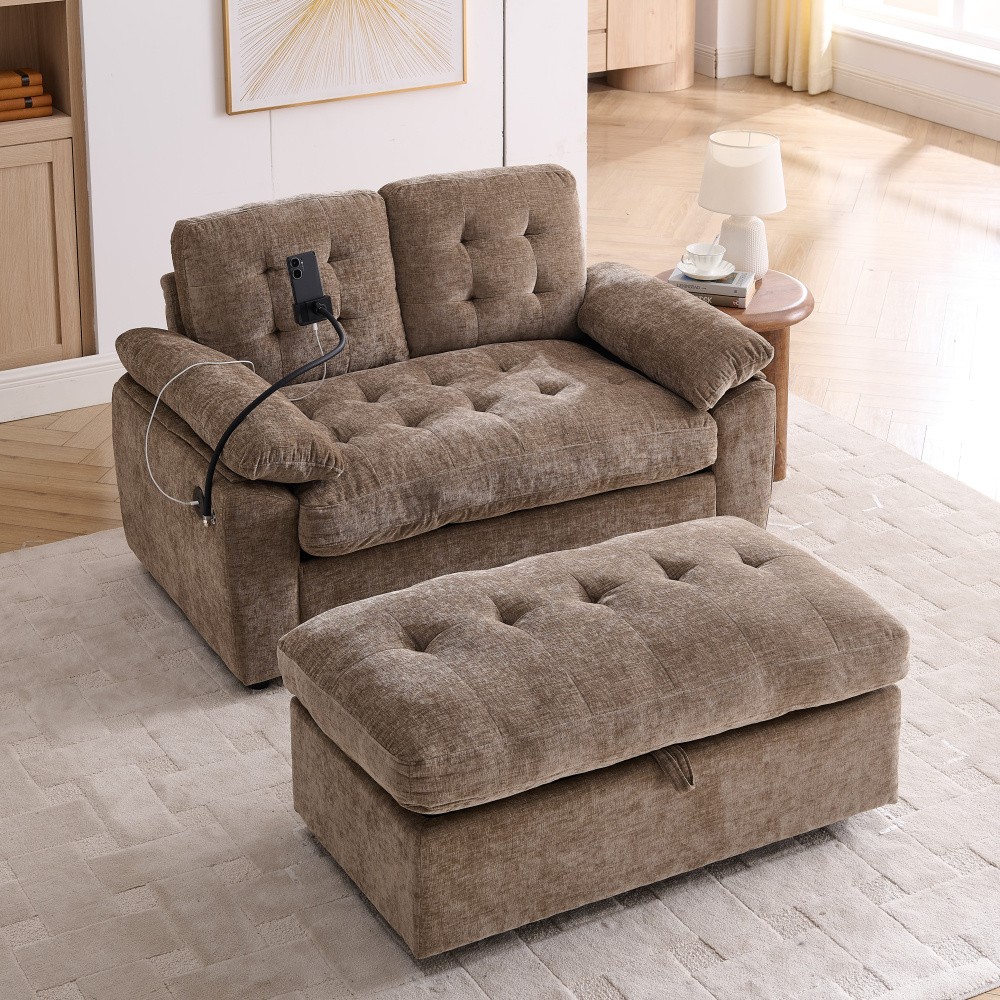 Double Sofa Recliner w/ Adjustable Backrest, USB Port, Ottoman - Brown