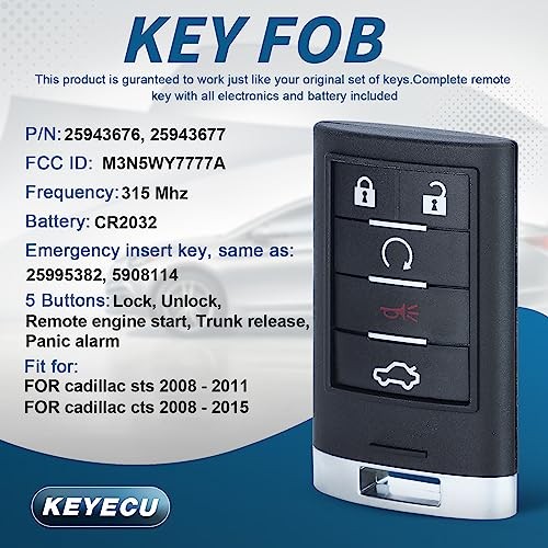 Replacement Smart Remote Key Fob 5 Button for Cadillac STS CTS 2008-2013