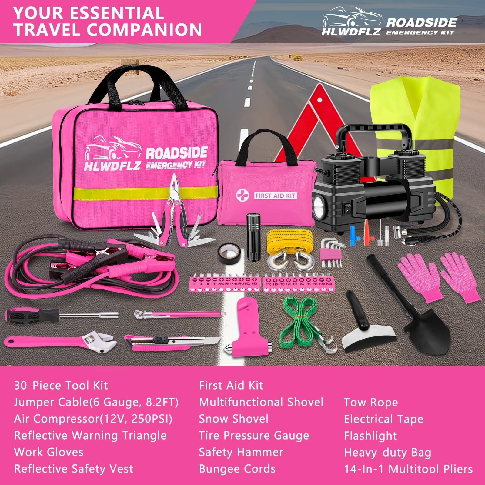 Emergency Car Kit with Air Compressor, Jumper Cables, First Aid & Tools - Winter