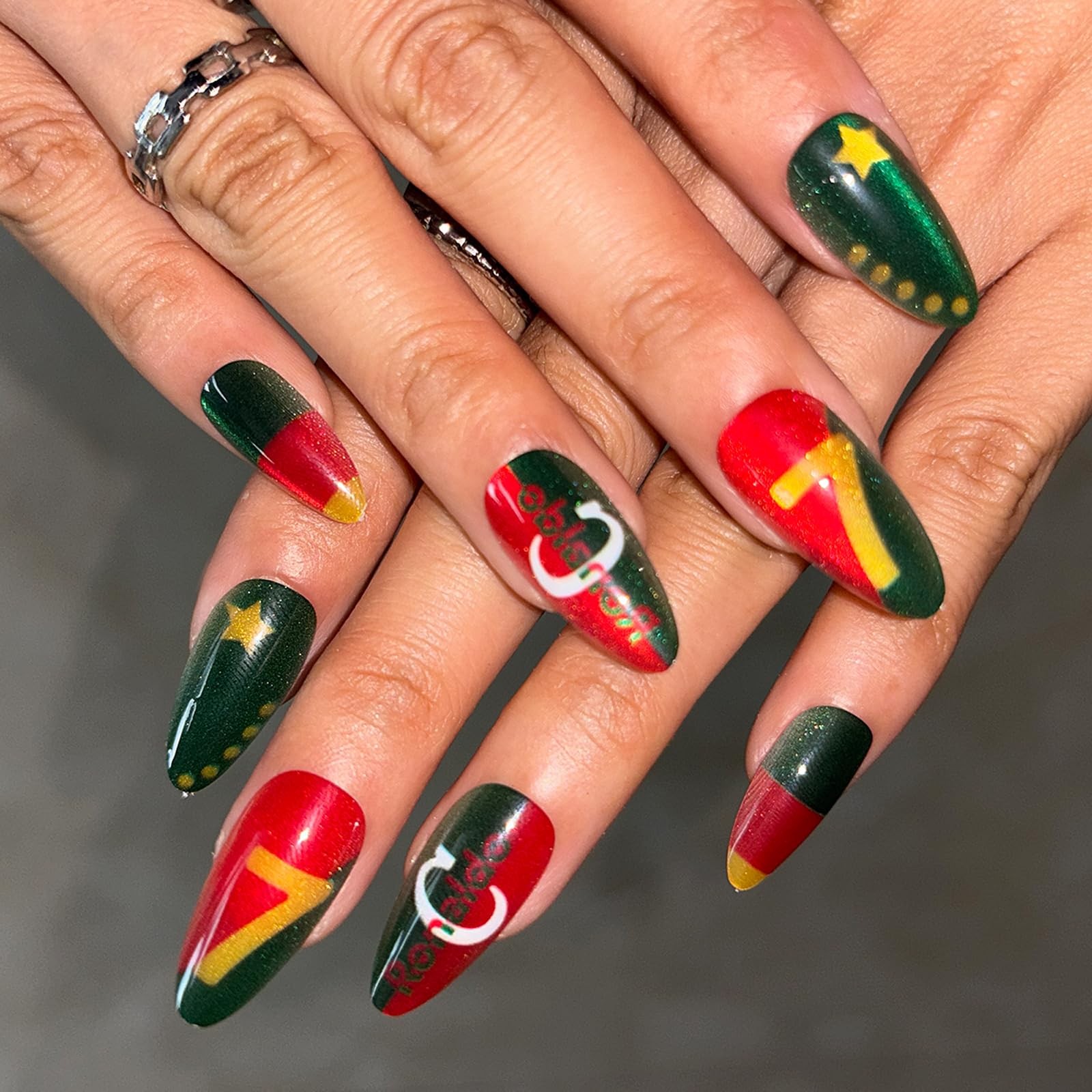 24 Pcs Portugal World Cup Press On Nails - Cat Eye | Medium Almond Fake Nails...
