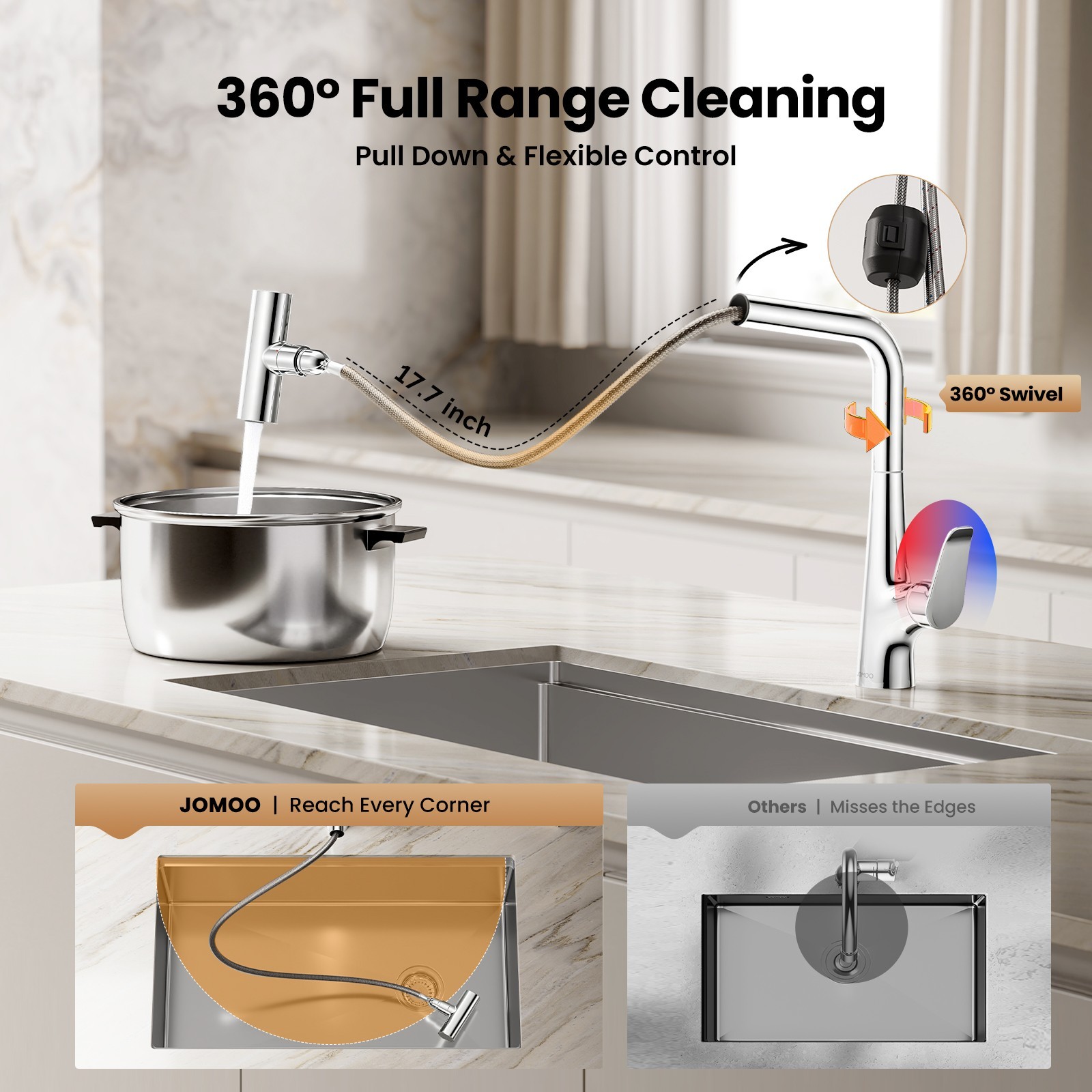 Waterfall Kitchen Faucet Pull Down Sprayer 3 Function Chrome Sink Faucet