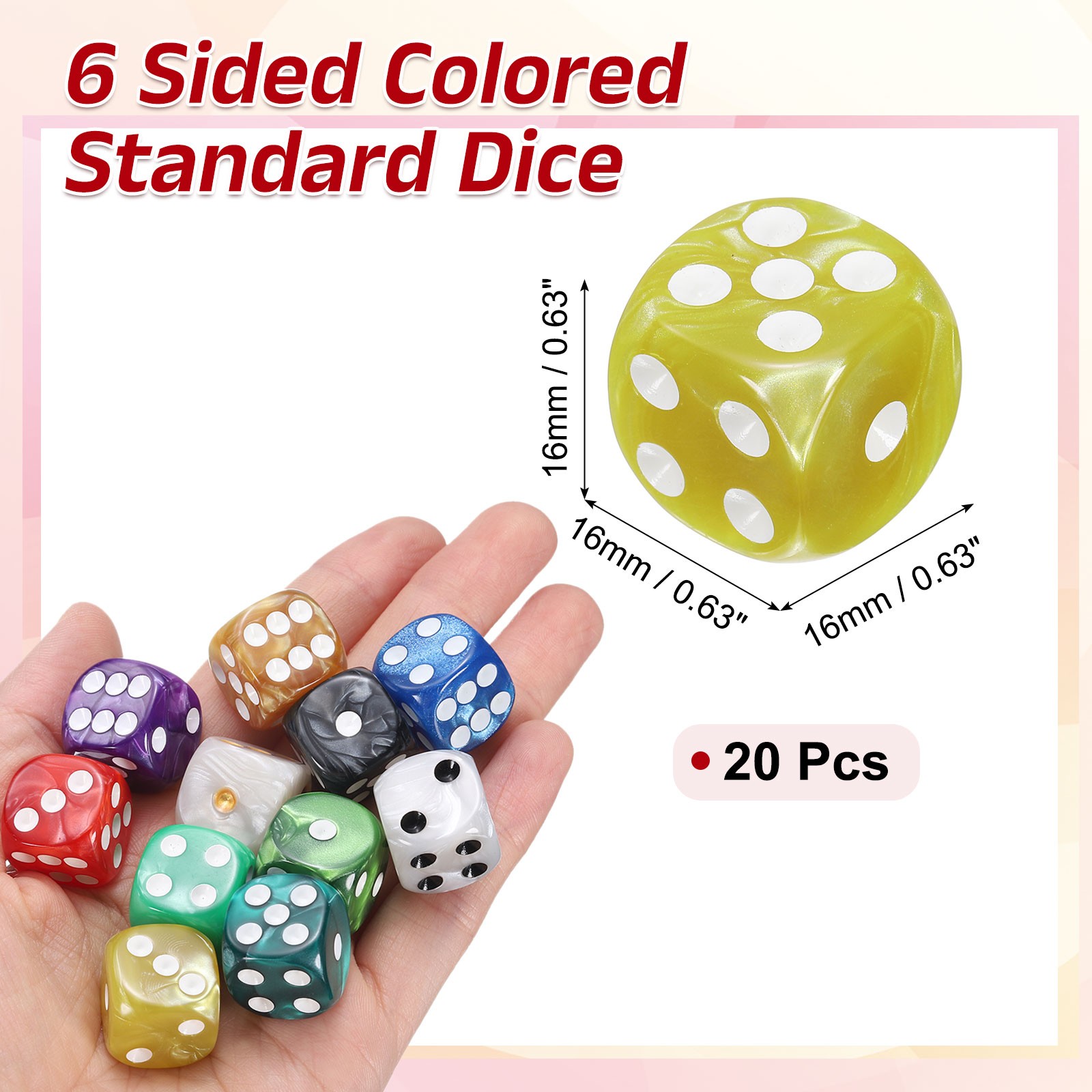 20Pcs 6 Sided Colored Standard Dice, Acrylic D6 Pearl Pattern Dice, Yellow