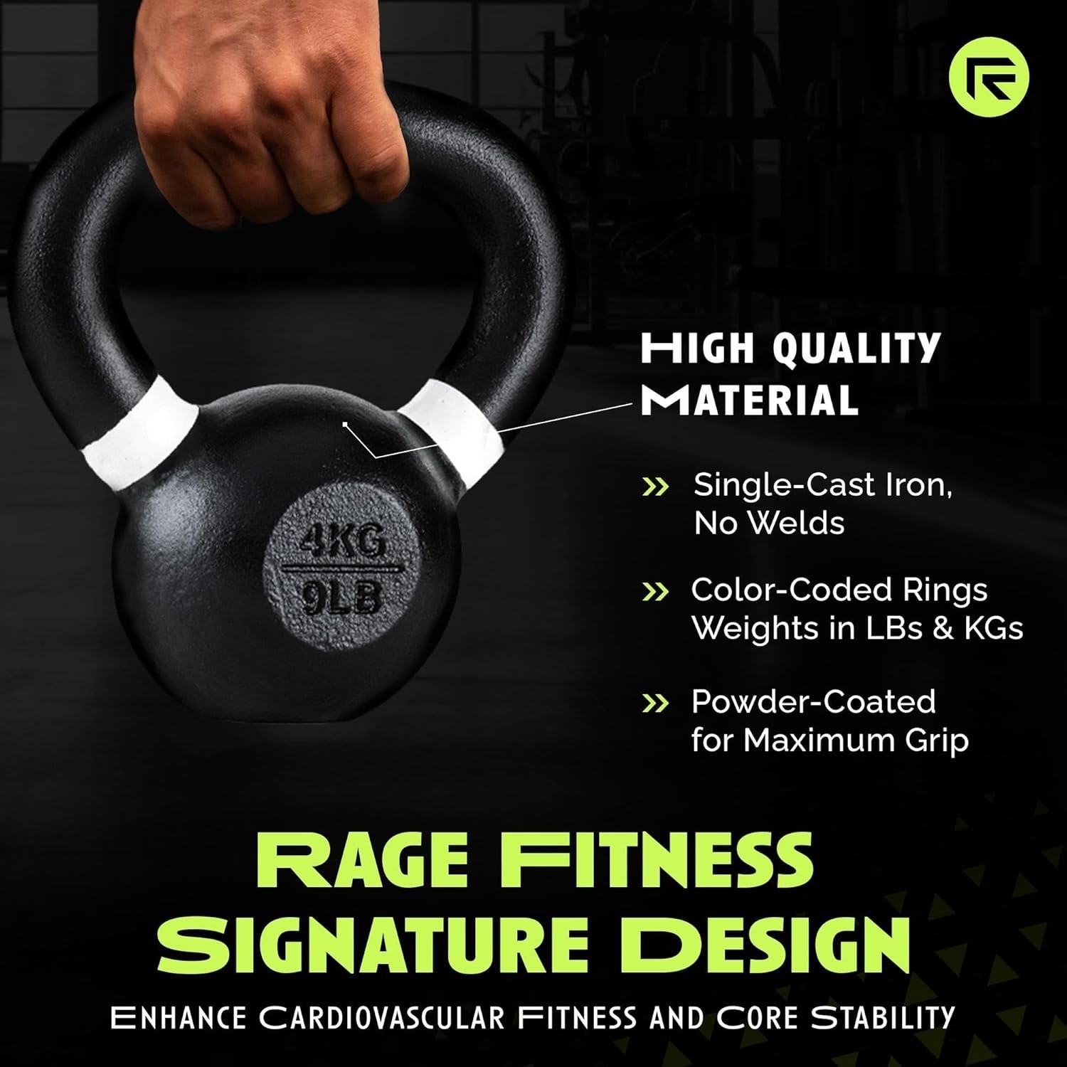 Single Cast Iron Kettlebell | Powder Coated - Wide Handle Weights for Core & ...